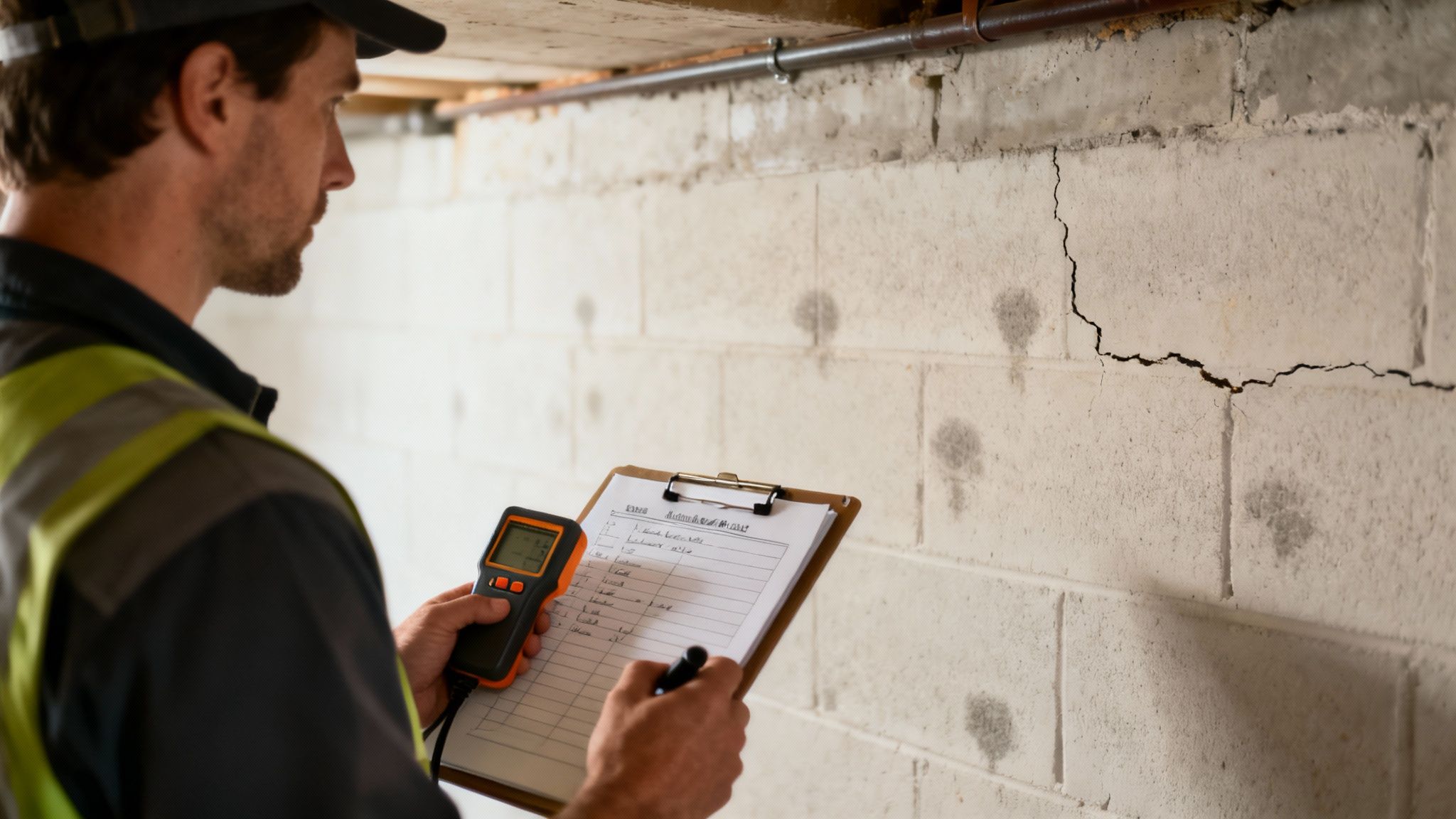 En bygningsinspektør undersøger en kælder før renovering
