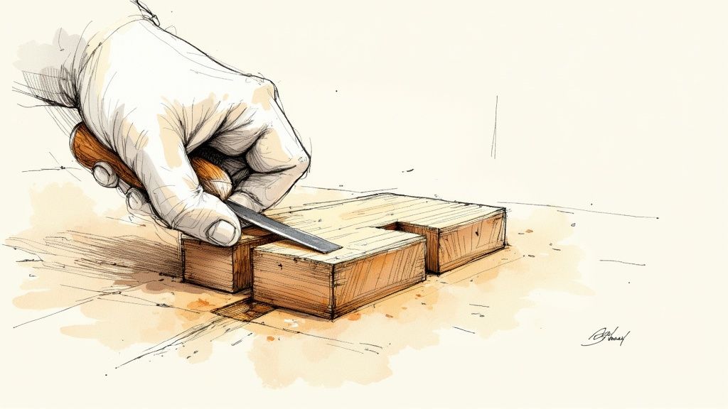 Nærbillede af en hånd, der bruger et stemmejern til at udskære træ, sandsynligvis for et træfagligt snit.