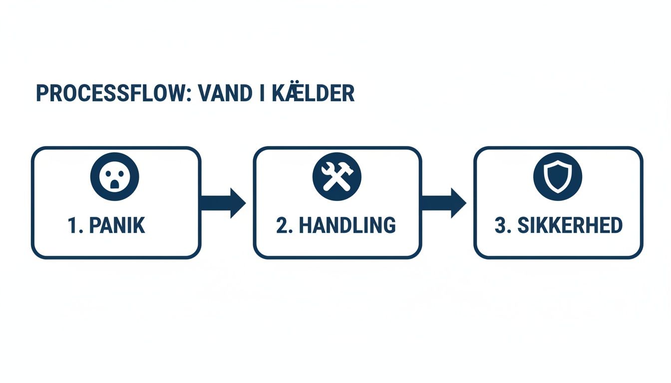 Et processflow for vand i kælder med tre trin: 1. Panik, 2. Handling og 3. Sikkerhed.