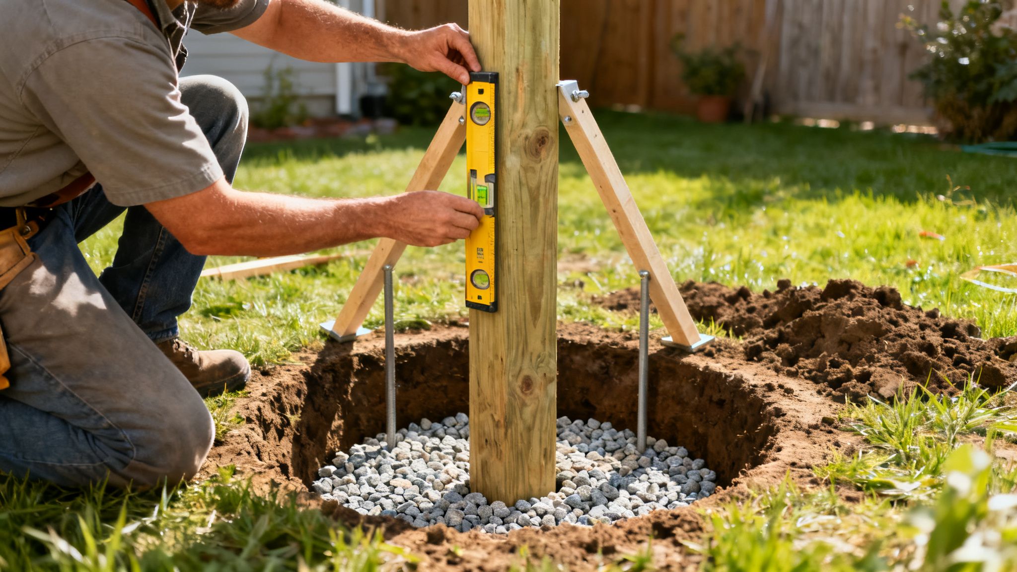 En person nivellerer en træstolpe, der er sat i et hul med grus og understøttet af skråstivere i en have.