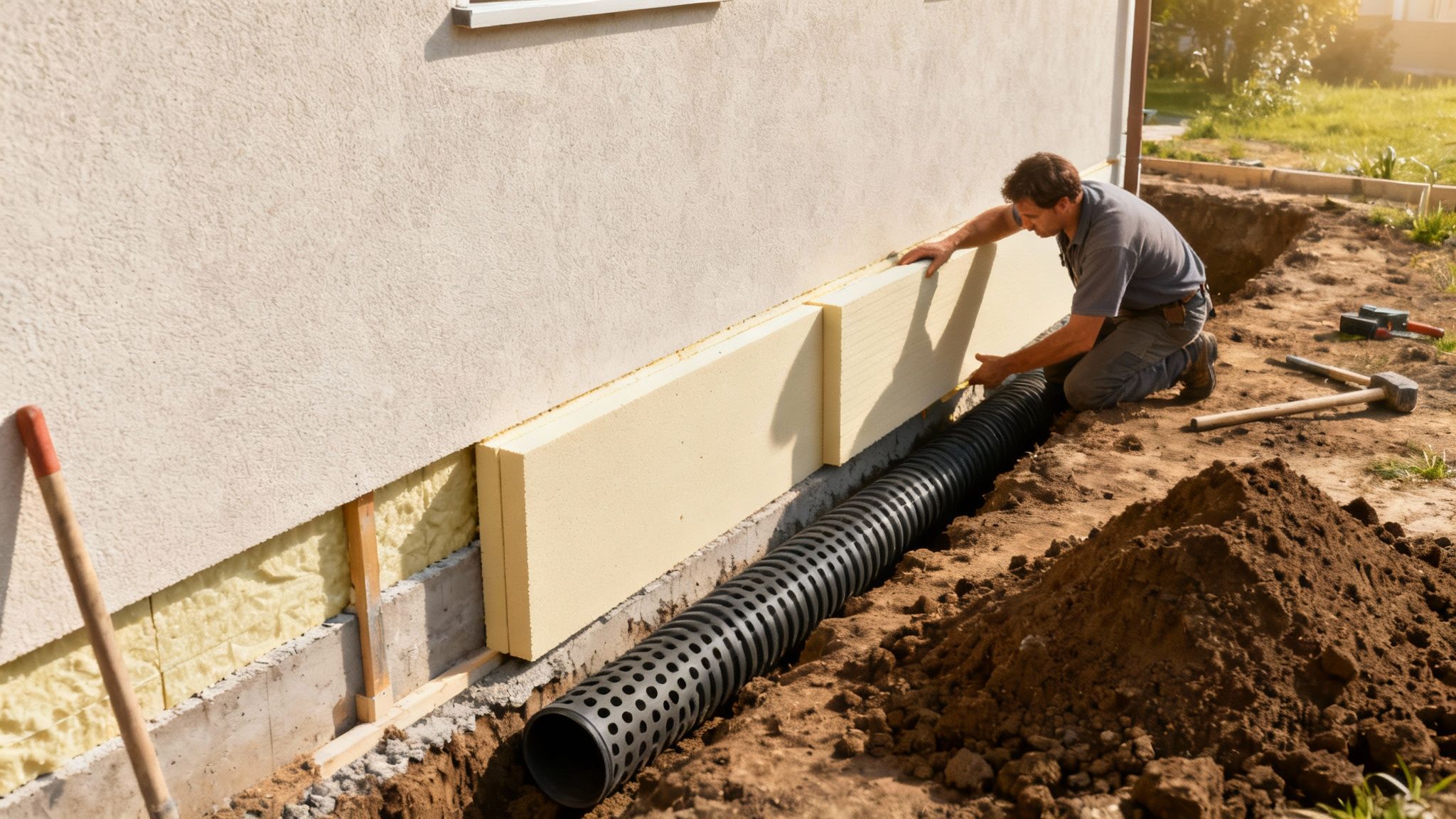 Udvendig isolering af kældervæg med drænplader.