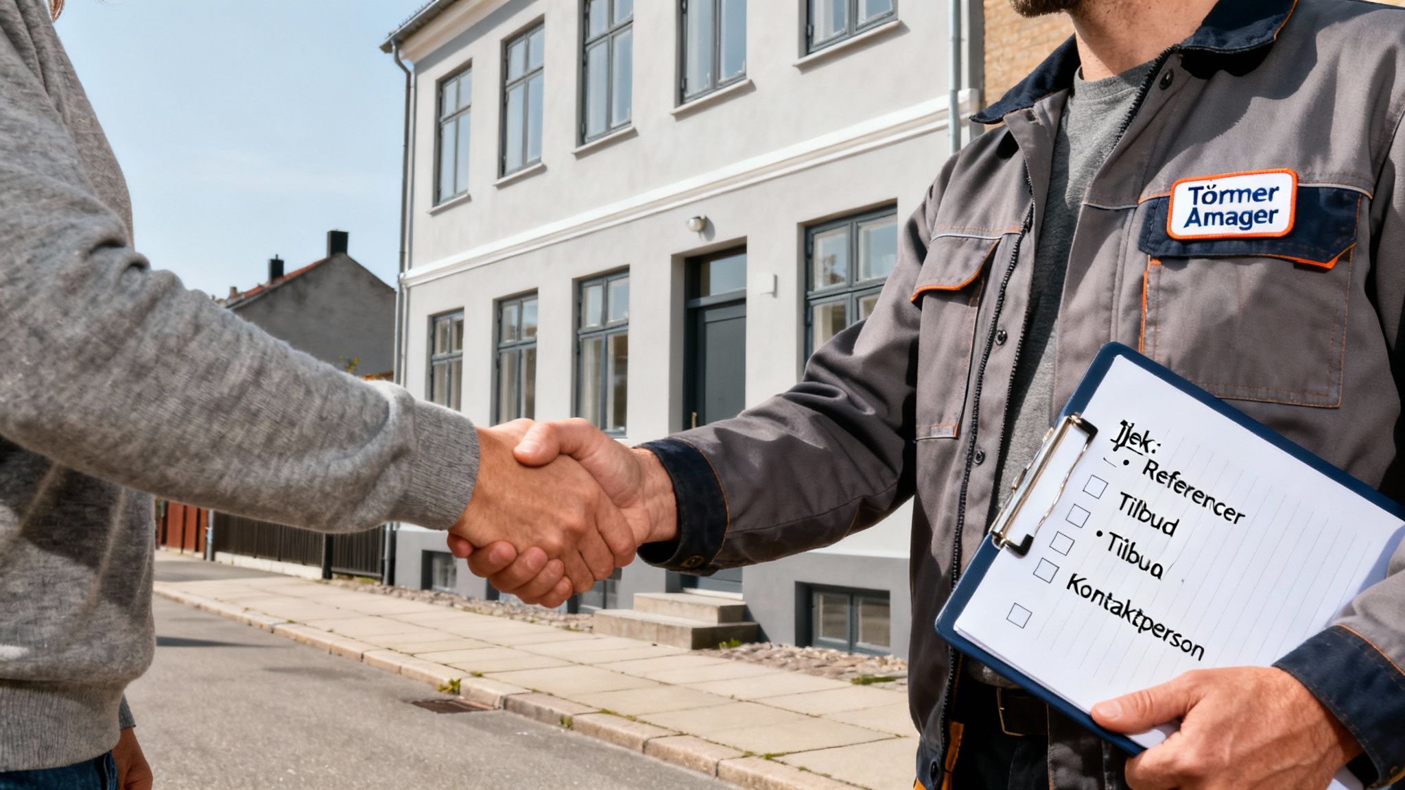 To personer giver hånd foran et hus. Den ene er en håndværker fra Tørmer Amager med en clipboard.