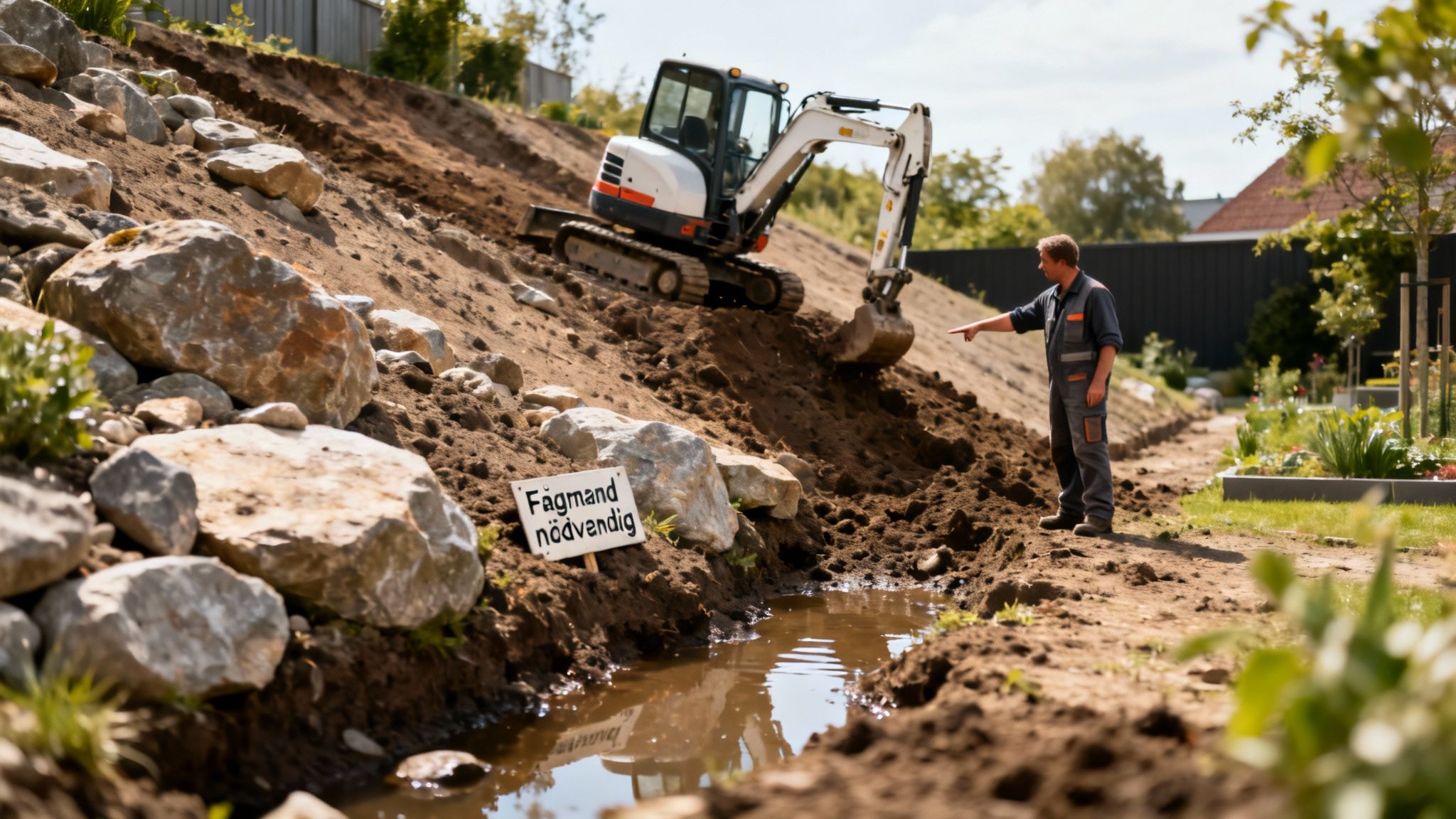 En mand i arbejdstøj peger, mens en minigravemaskine arbejder på en skråning med jord og sten. Et skilt siger 'Fagmand nødvendig'.