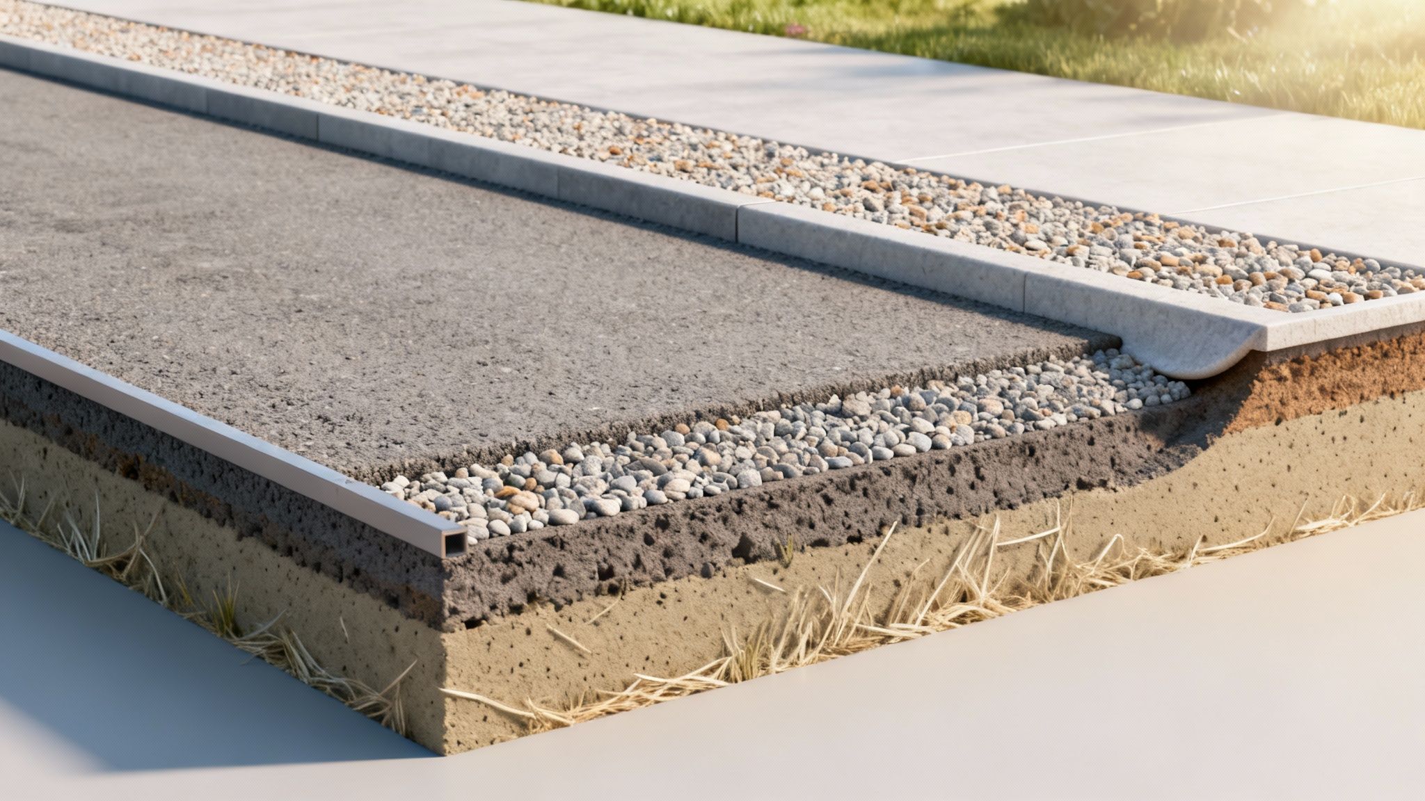 Tværsnit af en indkørsel eller sti med synlige lag af asfalt, grus og jord, inklusive en kantsten.