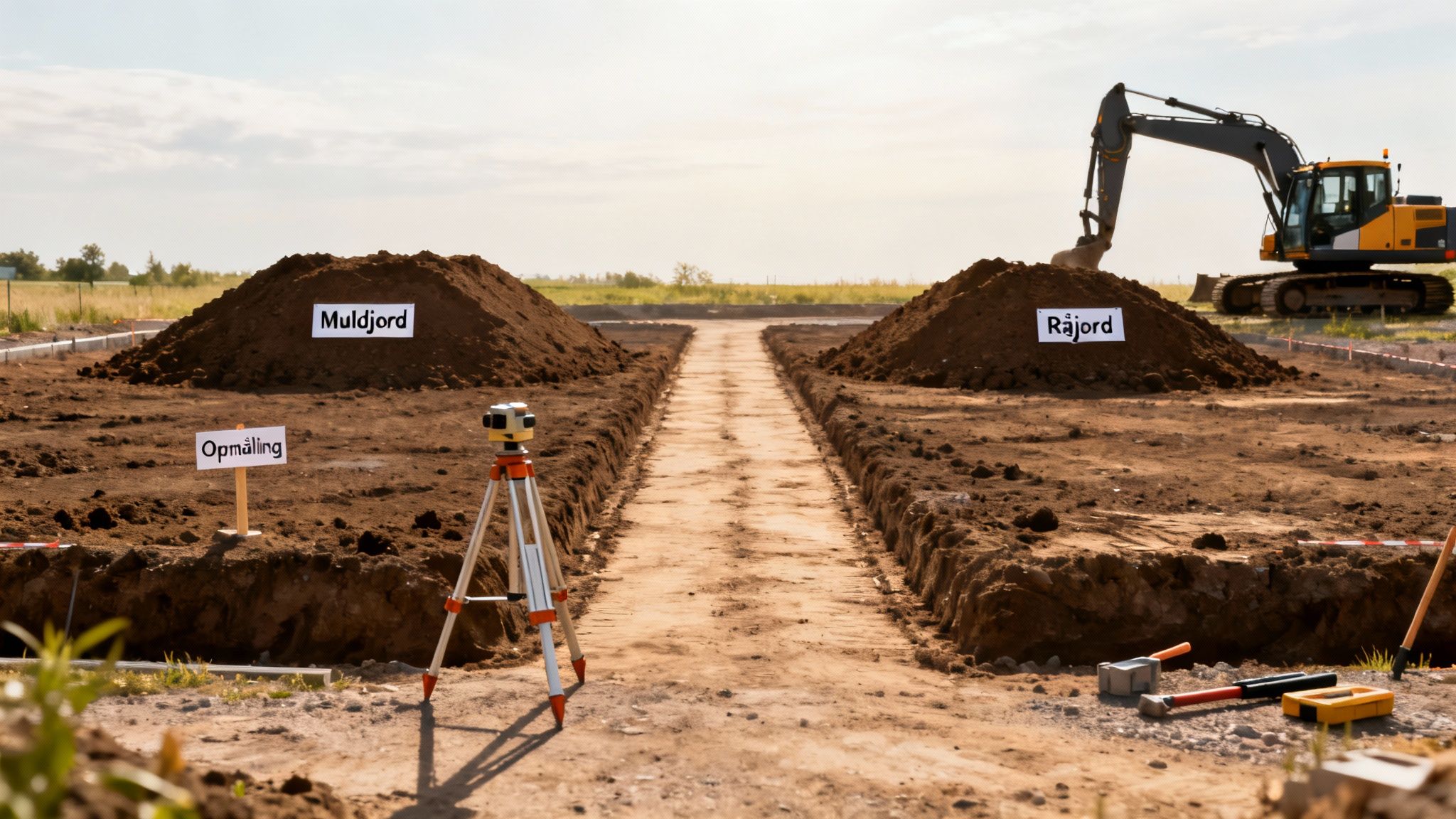 Et byggegrund klar til konstruktion med jordbunker, opmålingsudstyr og gravemaskine i baggrunden under en solrig himmel.