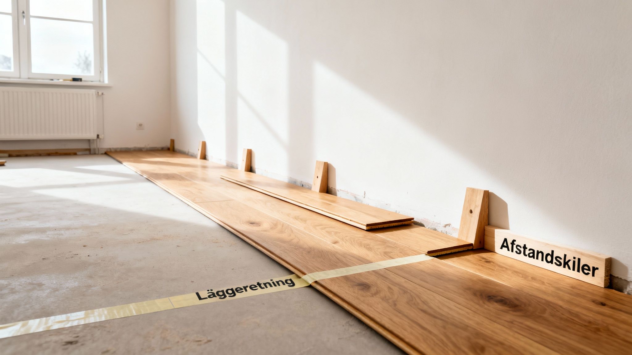 Nye trægulvsplanker lægges i et lyst rum med afstandskiler og vejledende tape på gulvet.