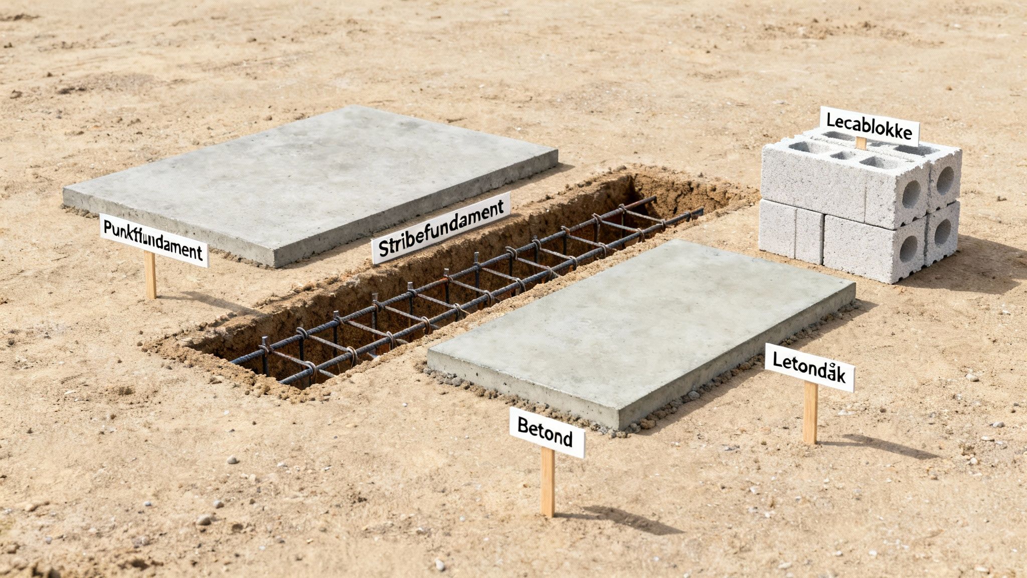 Oversigt over forskellige fundamenttyper og byggematerialer som punktfundament, stribefundament, lecablokke og betondæk på jord.