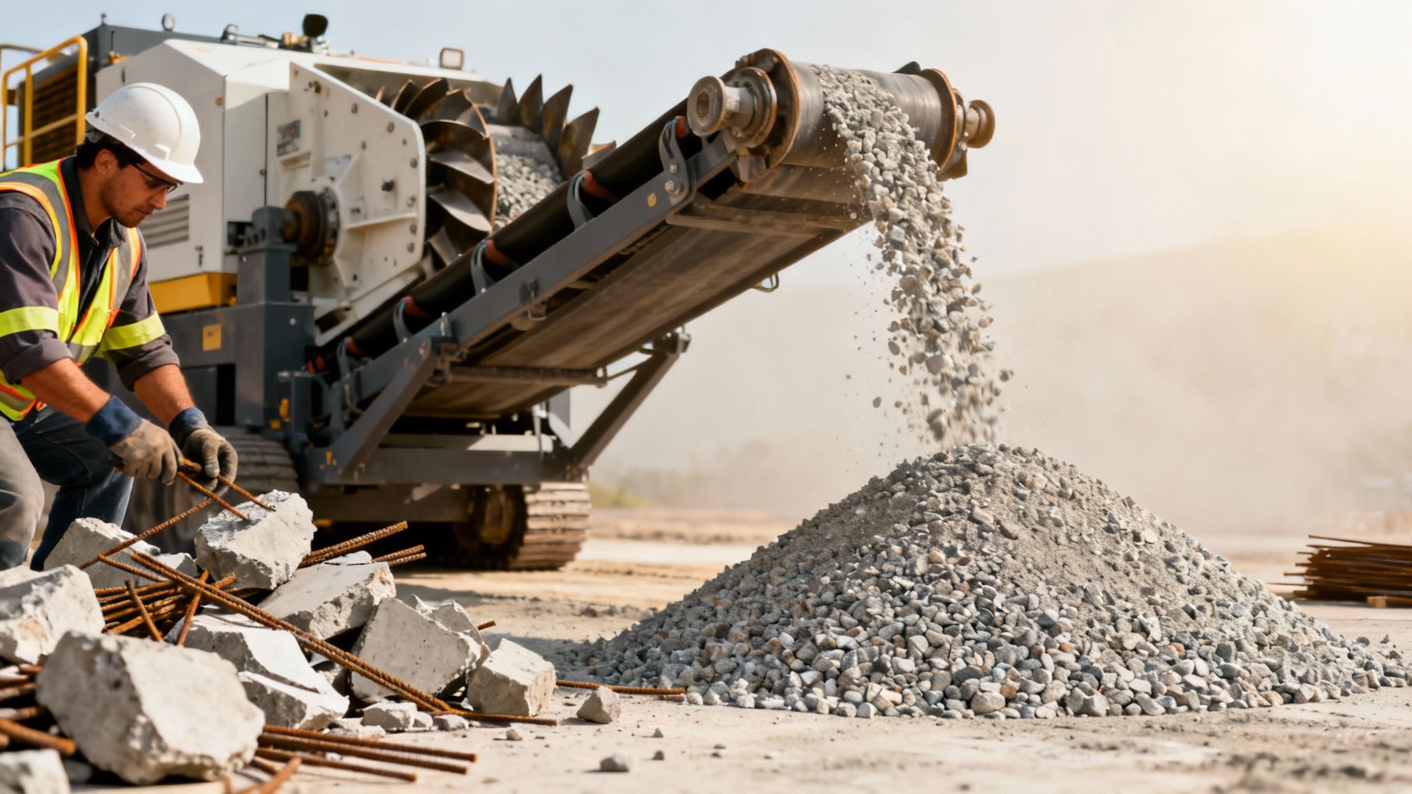 Arbejder i sikkerhedsudstyr sorterer armeringsjern, mens en mobil knusemaskine producerer grus på en byggeplads.