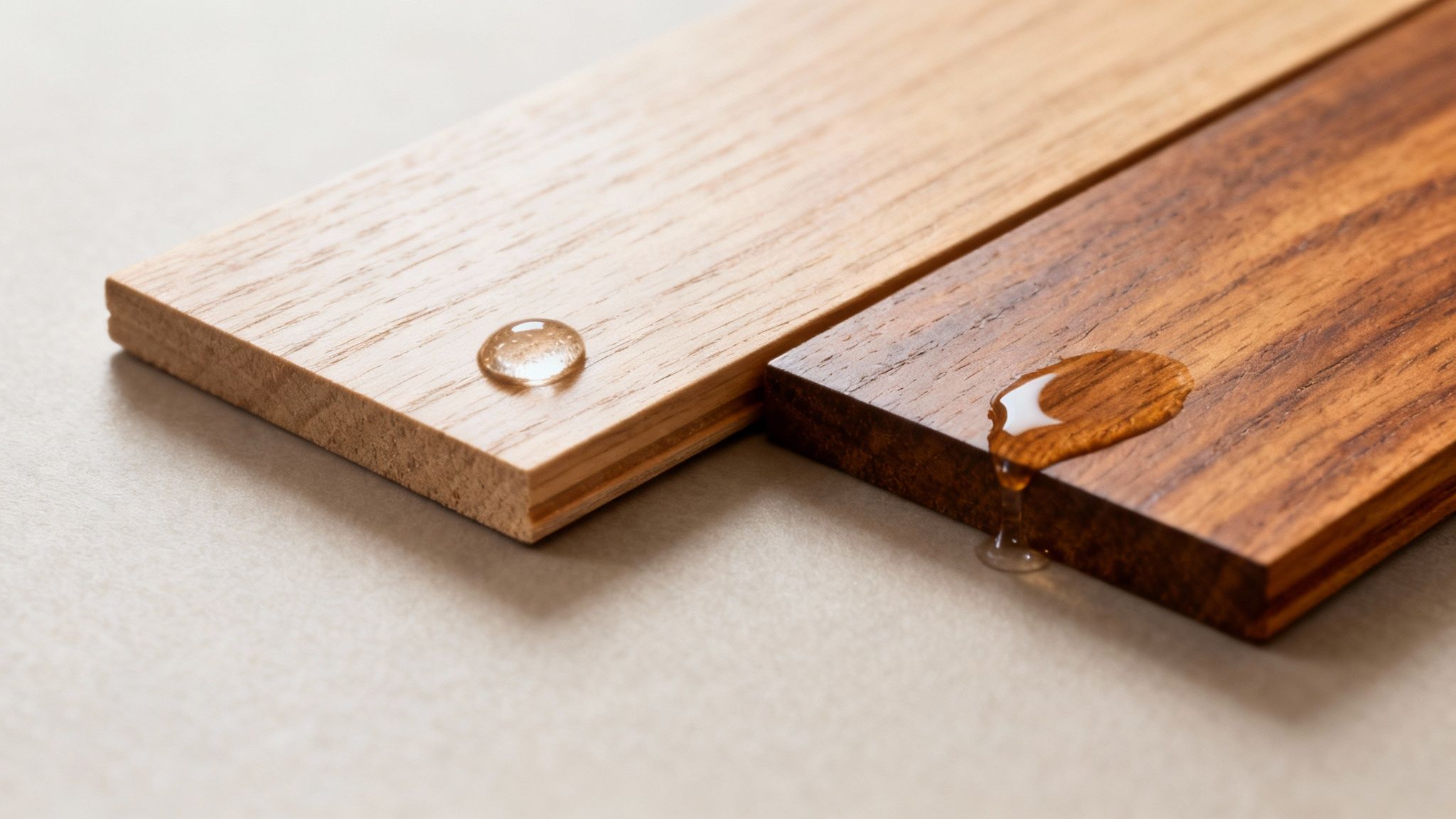 En vanddråbe der perler på et velbehandlet trægulv