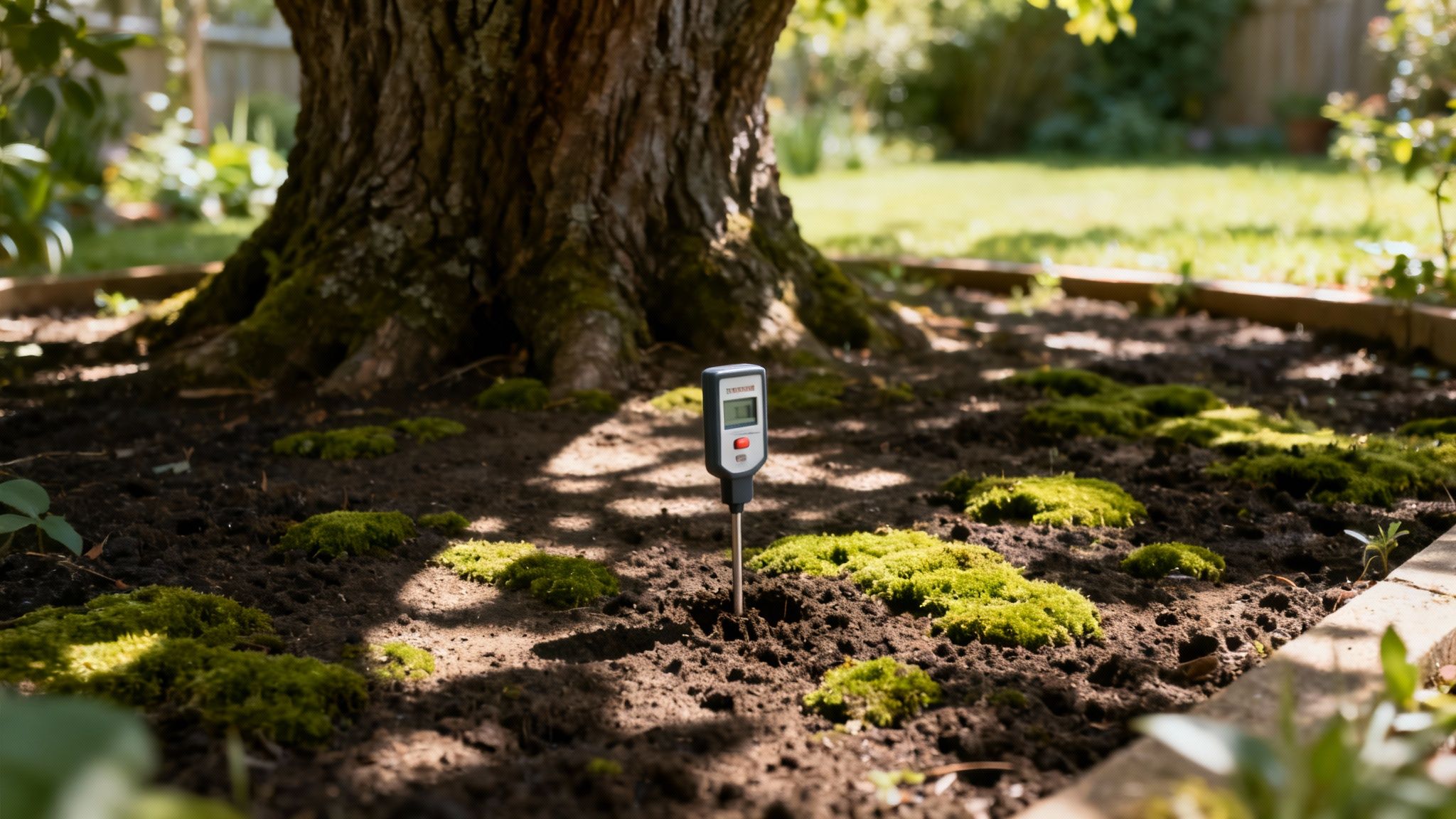 En fugtighedsmåler i jorden ved en træstamme med mos og sollys i en have.