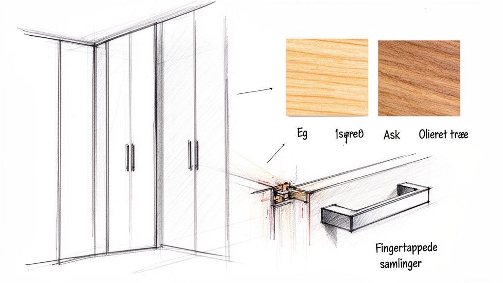 Skitser af et walk-in-closet med muligheder for træsorter (eg, ask) og detaljerede samlinger.
