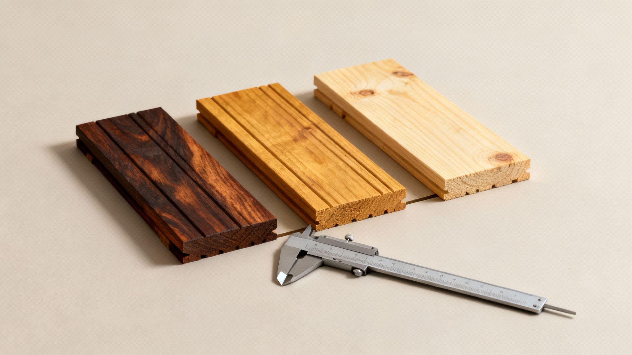 Et nærbillede af terrassebrædder i hårdttræ, der viser den præcise afstand mellem dem.