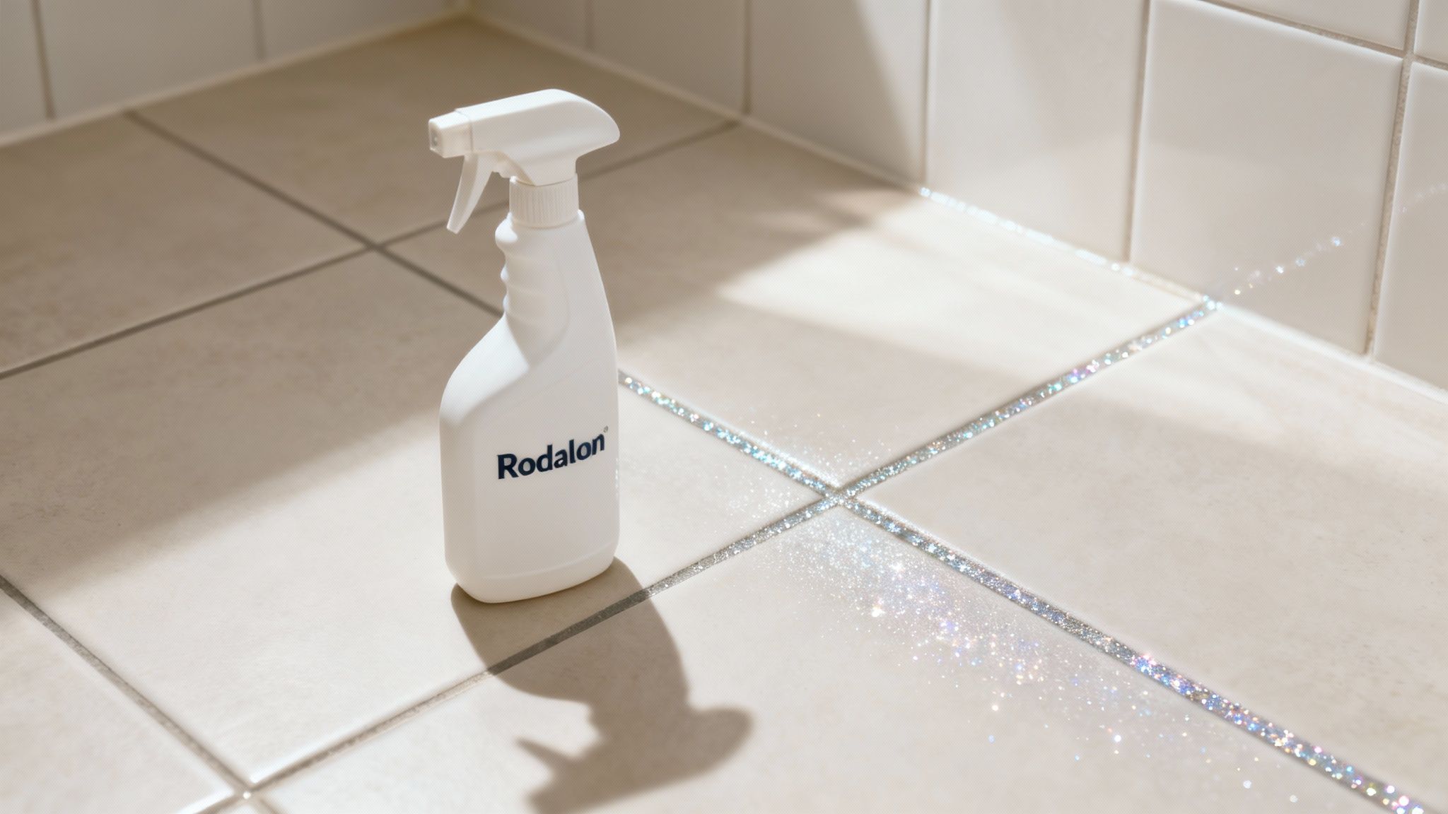 En person der rengør badeværelsesfliser med en sprayflaske og klud.