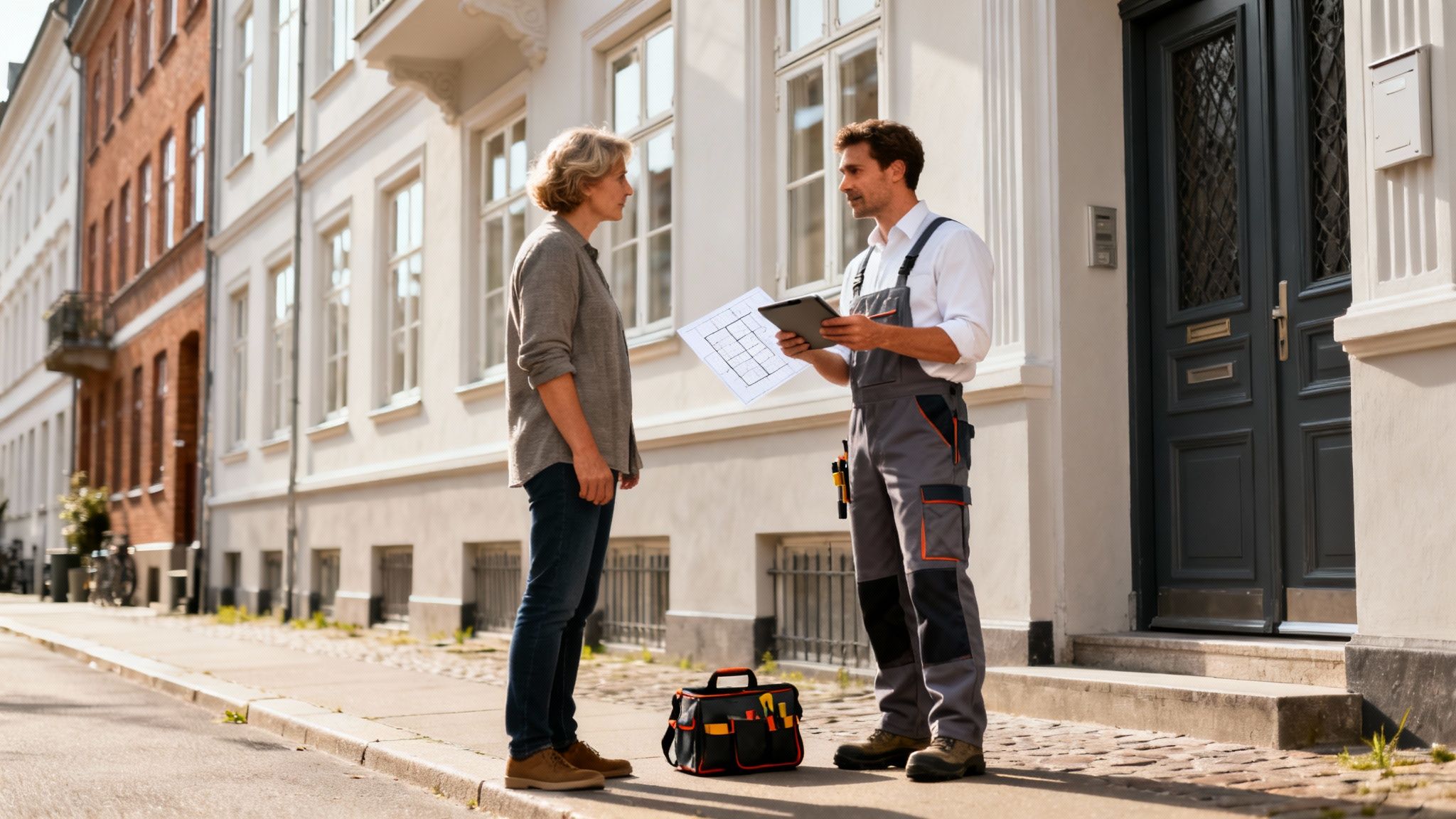 En tømrer i arbejdstøj taler med en kvinde foran et byhus, viser hende plantegninger og en tablet.