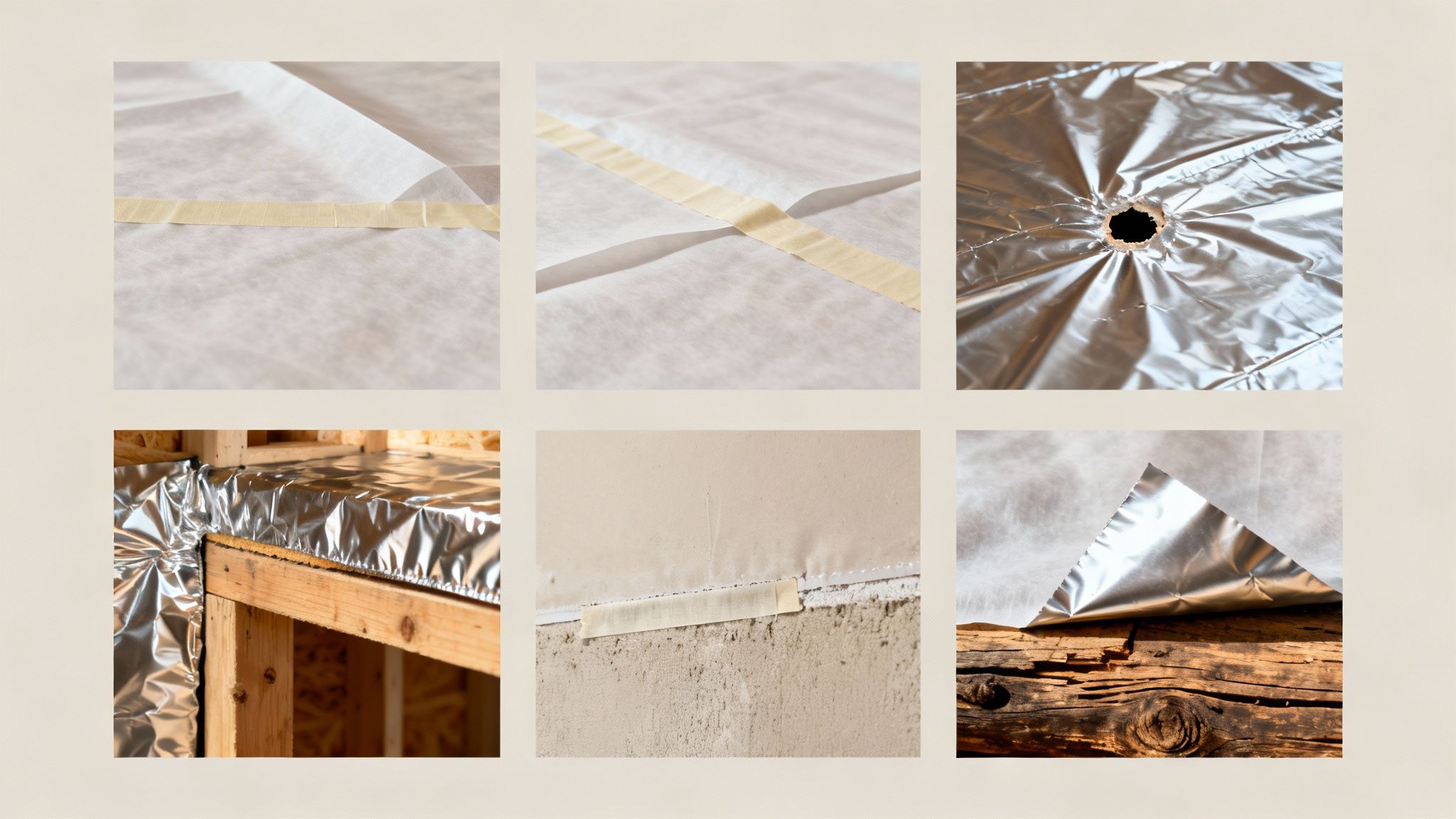 Forskellige stadier og materialer til montering af dampspærre, inklusiv folie og tape, i en bygning.