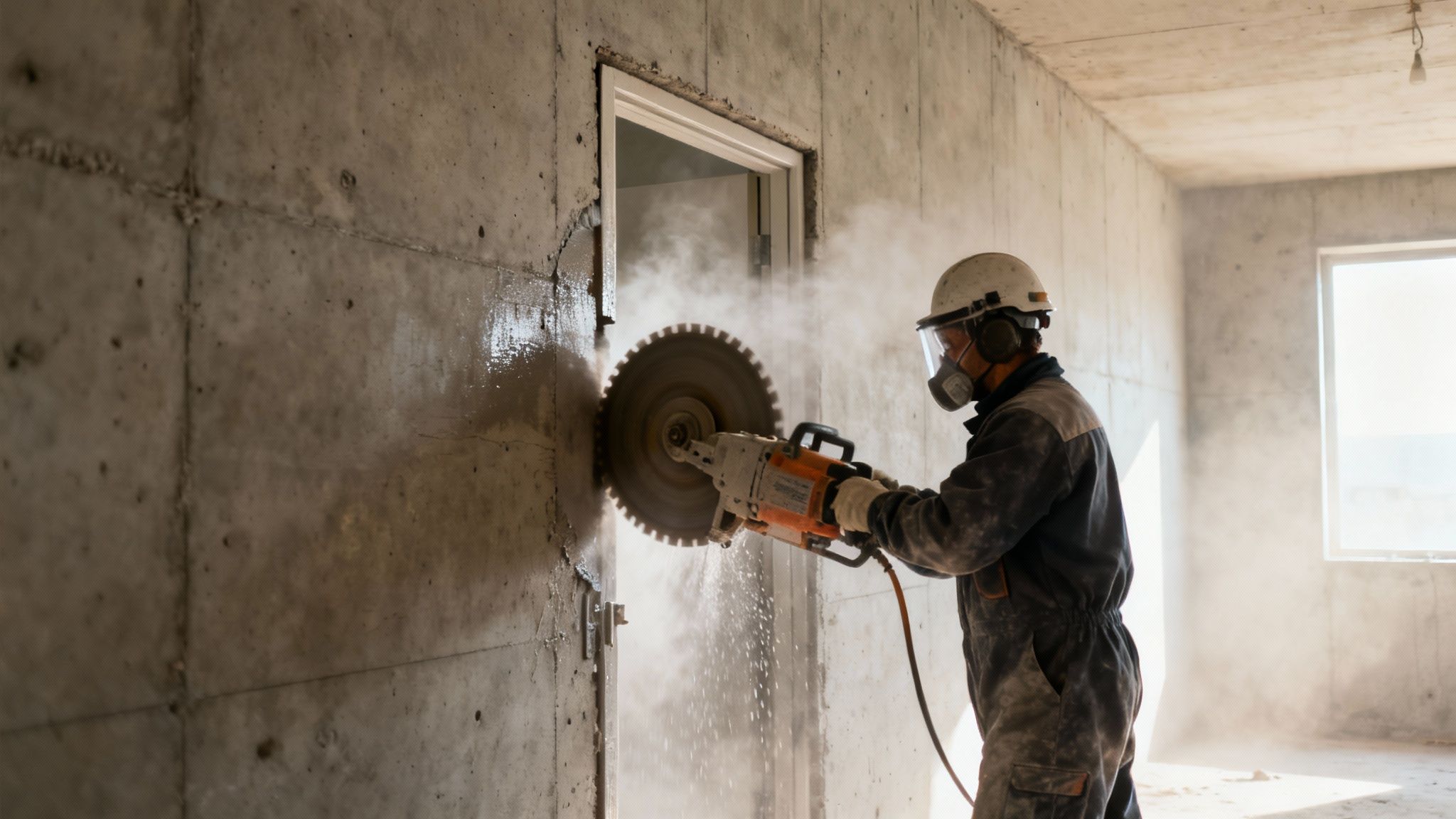 En bygningsarbejder skærer i en betonvæg med en stor diamantsav, der skaber støv og vand.