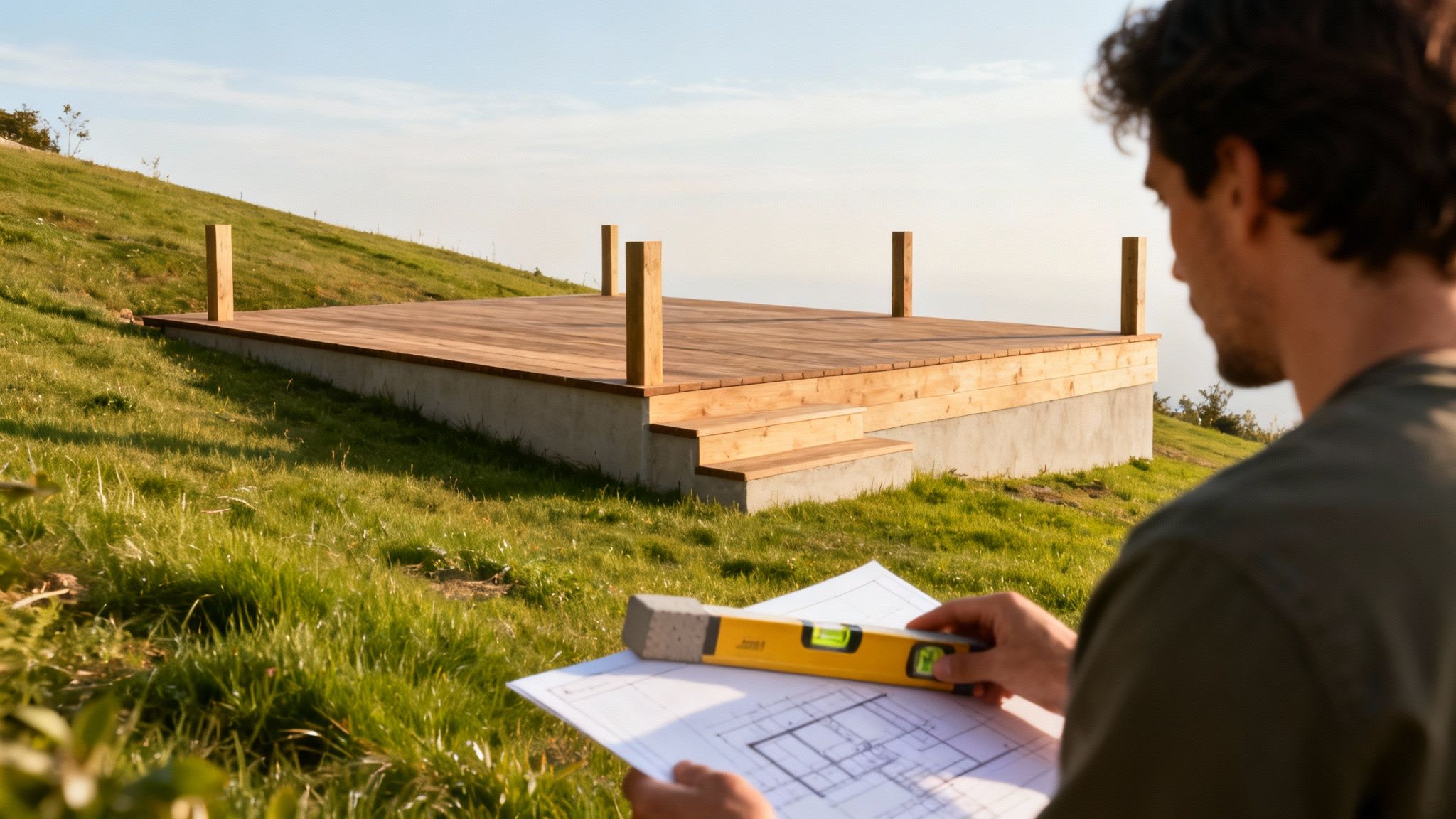 Mand med bygningstegninger og vaterpas inspicerer en nybygget hævet træterrasse på en grøn bakke.