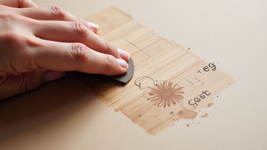 En hånd sliber et stykke røget egetræ med kunstneriske markeringer, der viser håndværk.