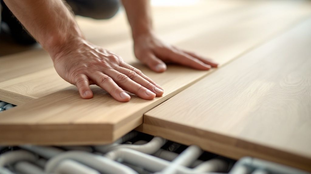 Et nærbillede af lamelparketgulv, der viser dets lagdelte struktur