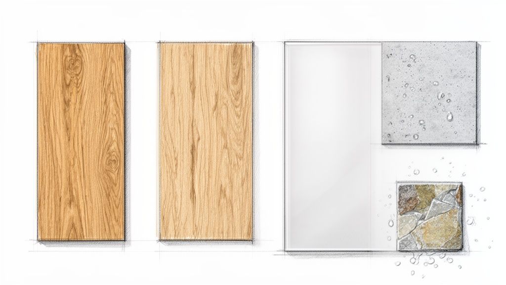 Forskellige materialeprøver viser træpaneler, hvidt panel, beton og stenfliser til badeværelsesdesign.