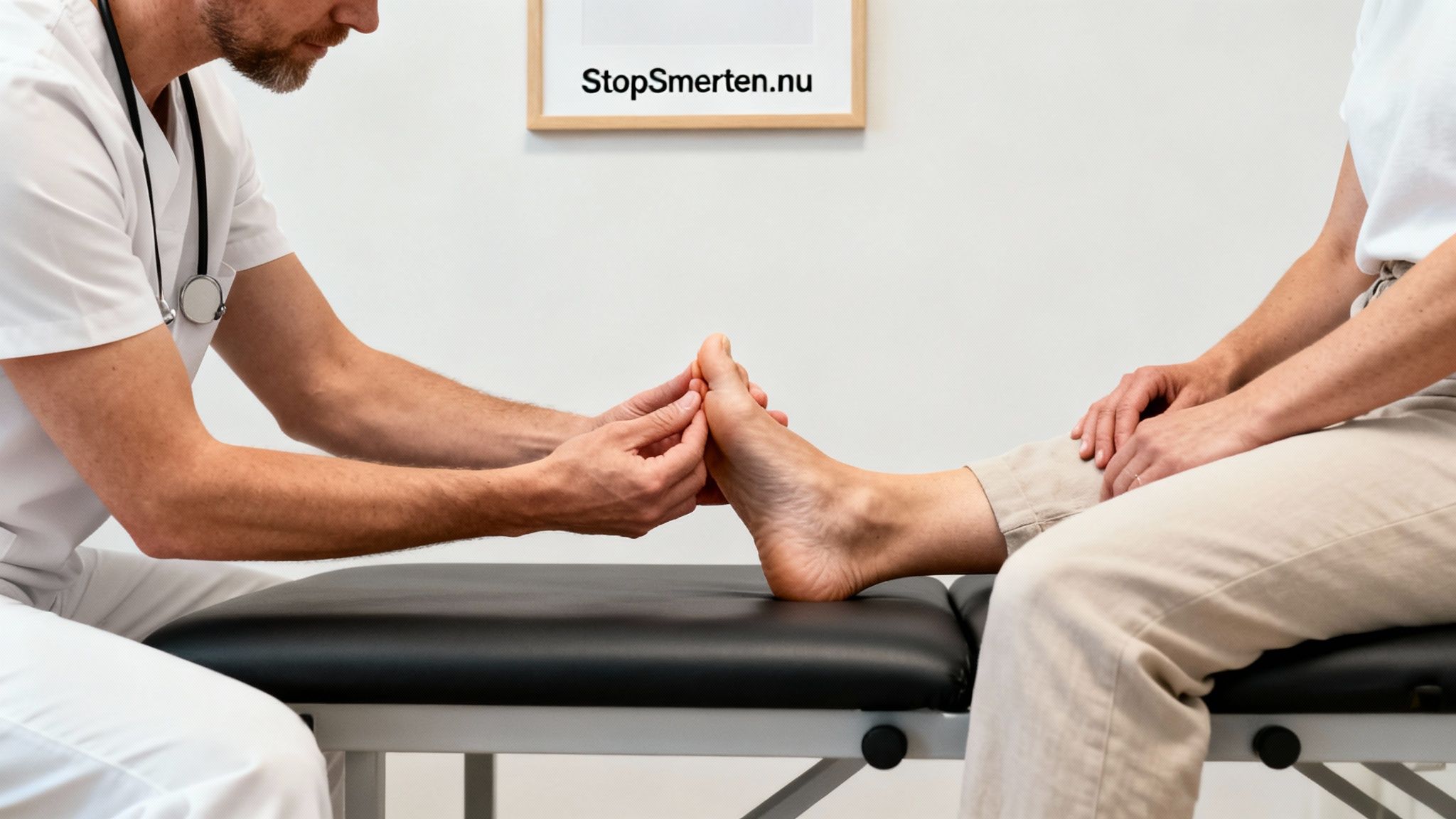 En læge med stetoskop undersøger en patients fod på en behandlingsbriks.