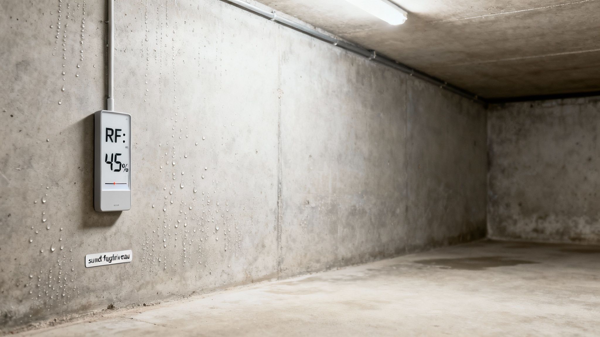 Digitalt display viser 45% relativ luftfugtighed på en fugtig betonvæg i en kælder med vanddråber.