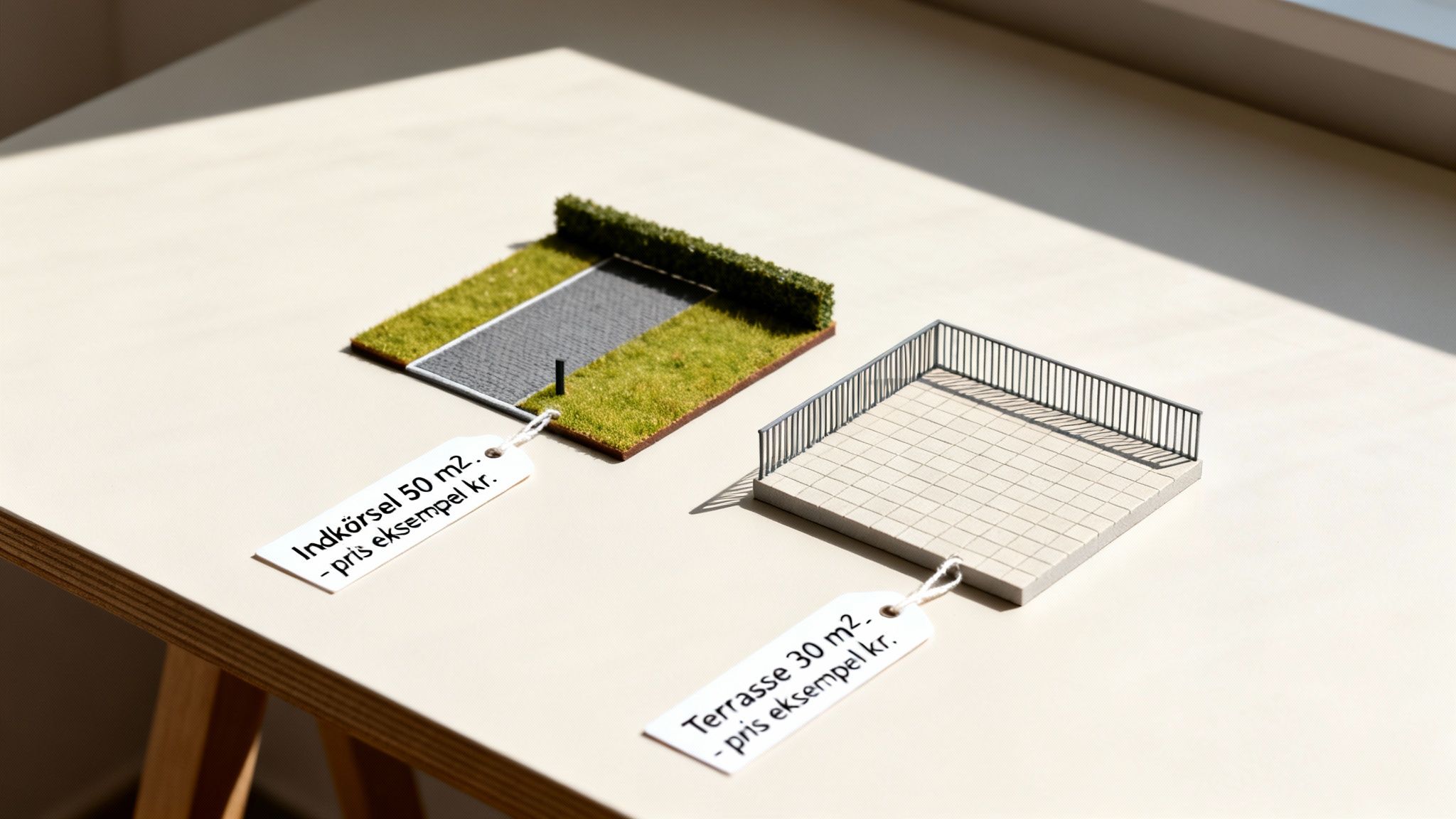 To modeler af indkørsel og terrasse med prisskilte, der viser priseksempler på brolægning.