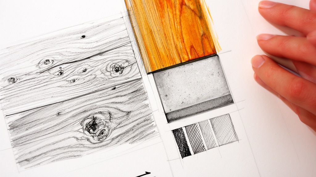 Nærbillede af en hånd, der tegner træteksturer og materialeprøver med blyant og farve på papir.