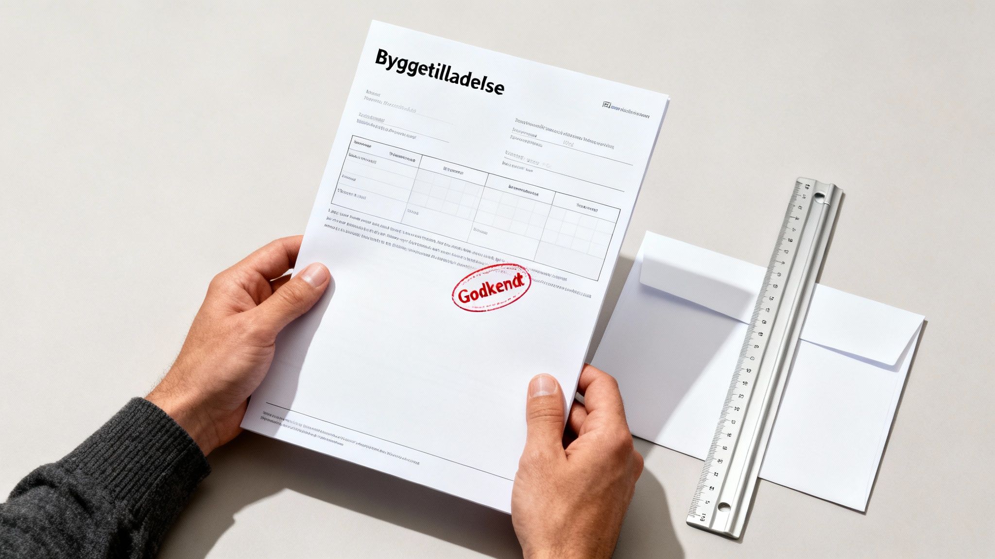 Hænder holder en godkendt byggetilladelse på et bord med kuverter og en lineal.