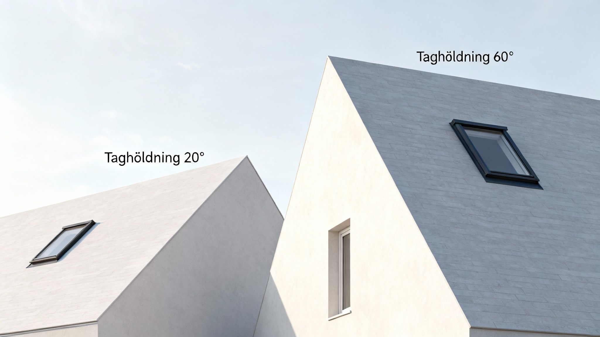 To moderne huse med forskellige taghældninger (20° og 60°) og integrerede Velux tagvinduer.