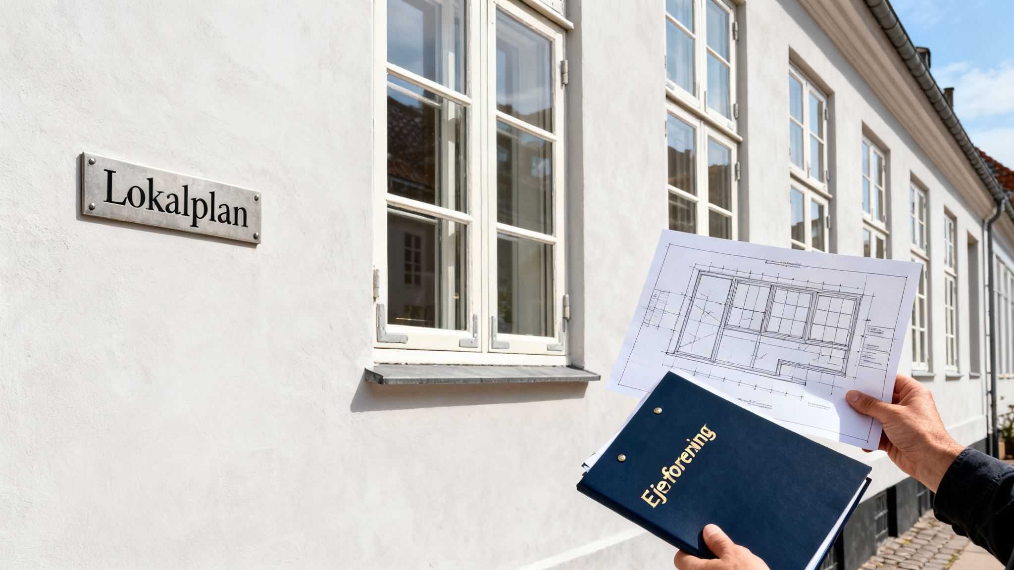 Hænder holder bygningstegninger og en Ejeforening-mappe foran en hvid facade med et Lokalplan-skilt.