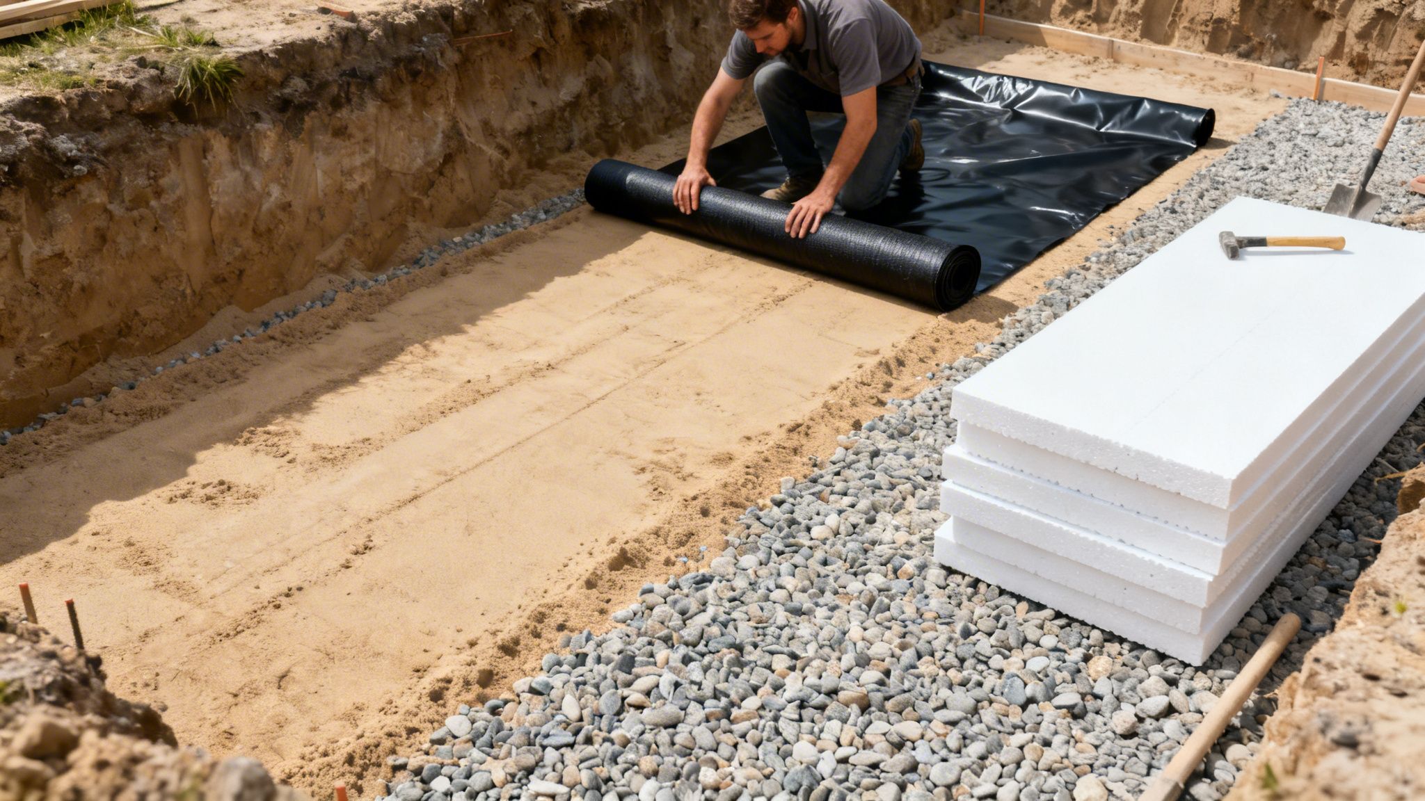 Mand udlægger sort membran på sand som forberedelse til støbning af et betongulv.