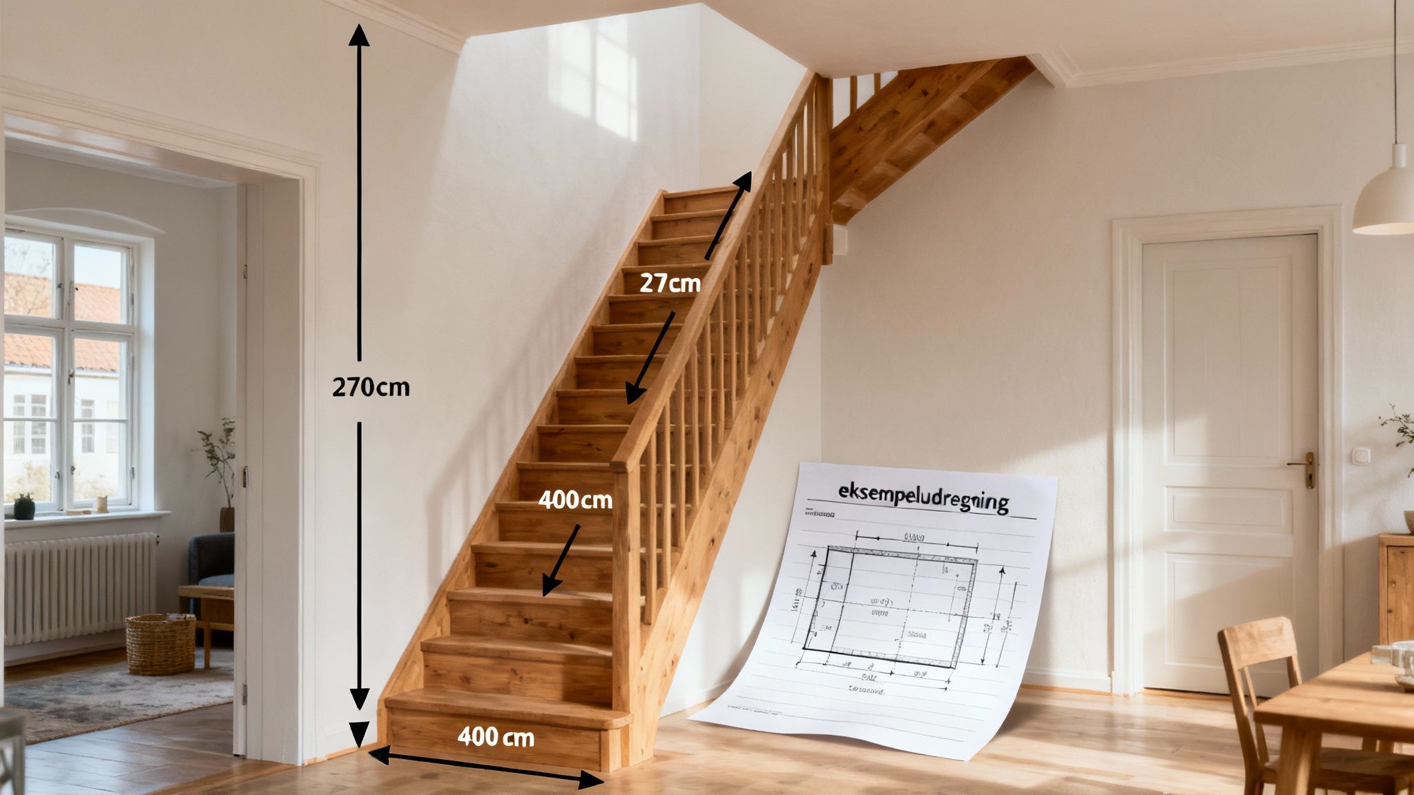 Trætrappe med målinger: 270cm højde, 27cm trindybde, 400cm grundflade - illustrerer beregning af trappetrin