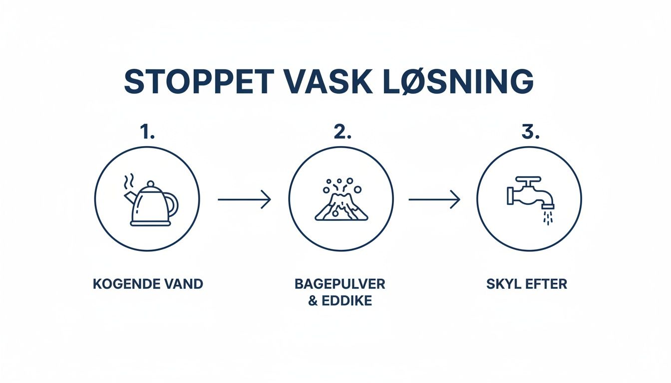 En tre-trins guide viser, hvordan man stopper en vask med kogende vand, bagepulver, eddike og en efterskylning.