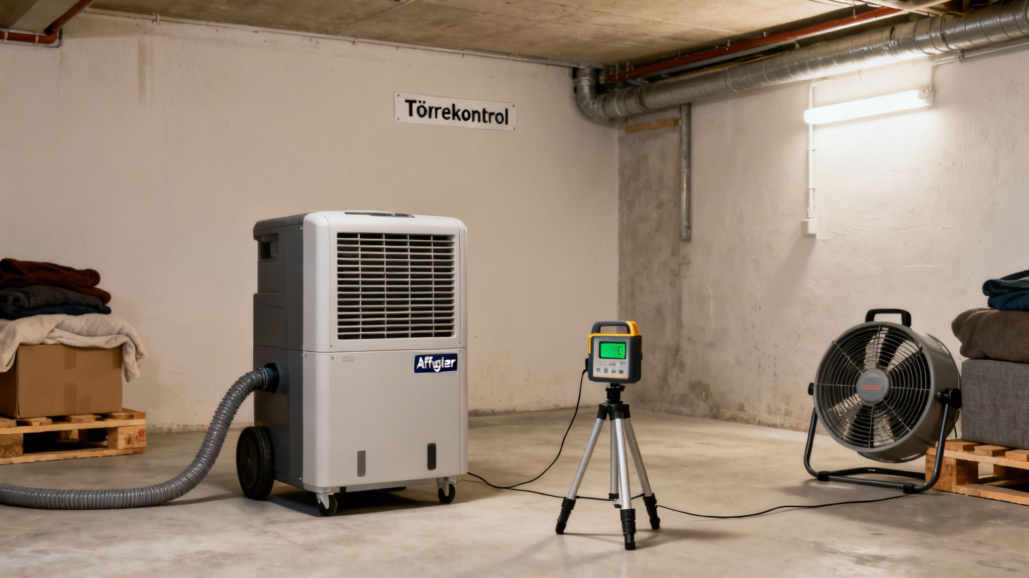 En affugter, blæser og fugtmåler er opstillet i et kælderlokale under en tørrekontrolproces.