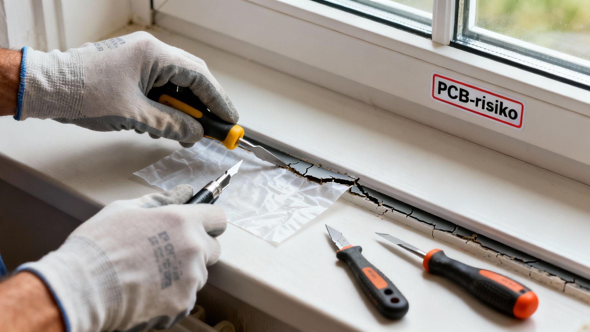 Person med handsker fjerner gammel, revnet fugemasse fra vindueskarm; 'PCB-risiko' skilt ses tydeligt.