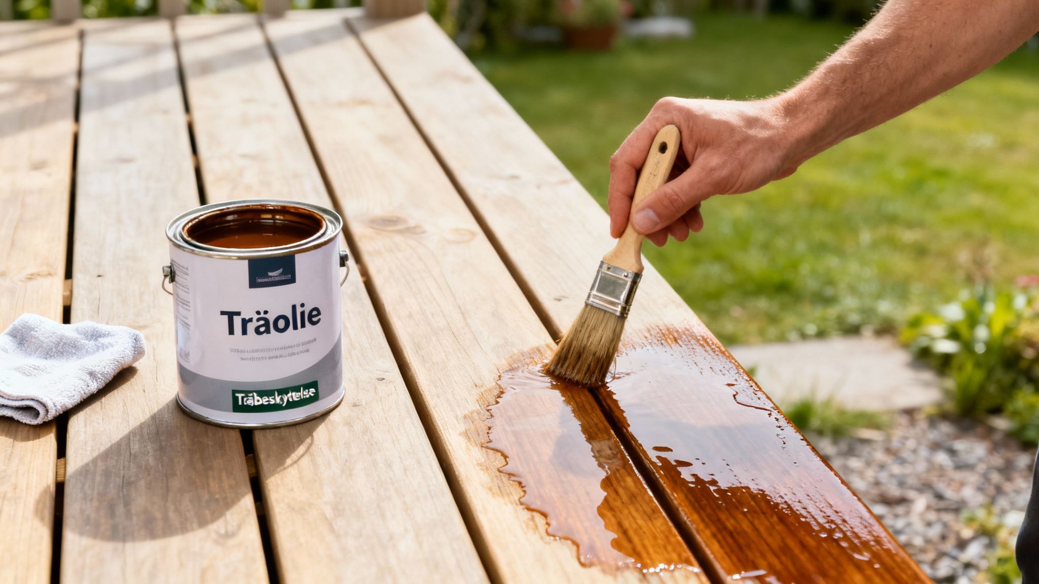 En person påfører træolie på en træterrasse med en pensel, mens en dåse træolie står ved siden af.