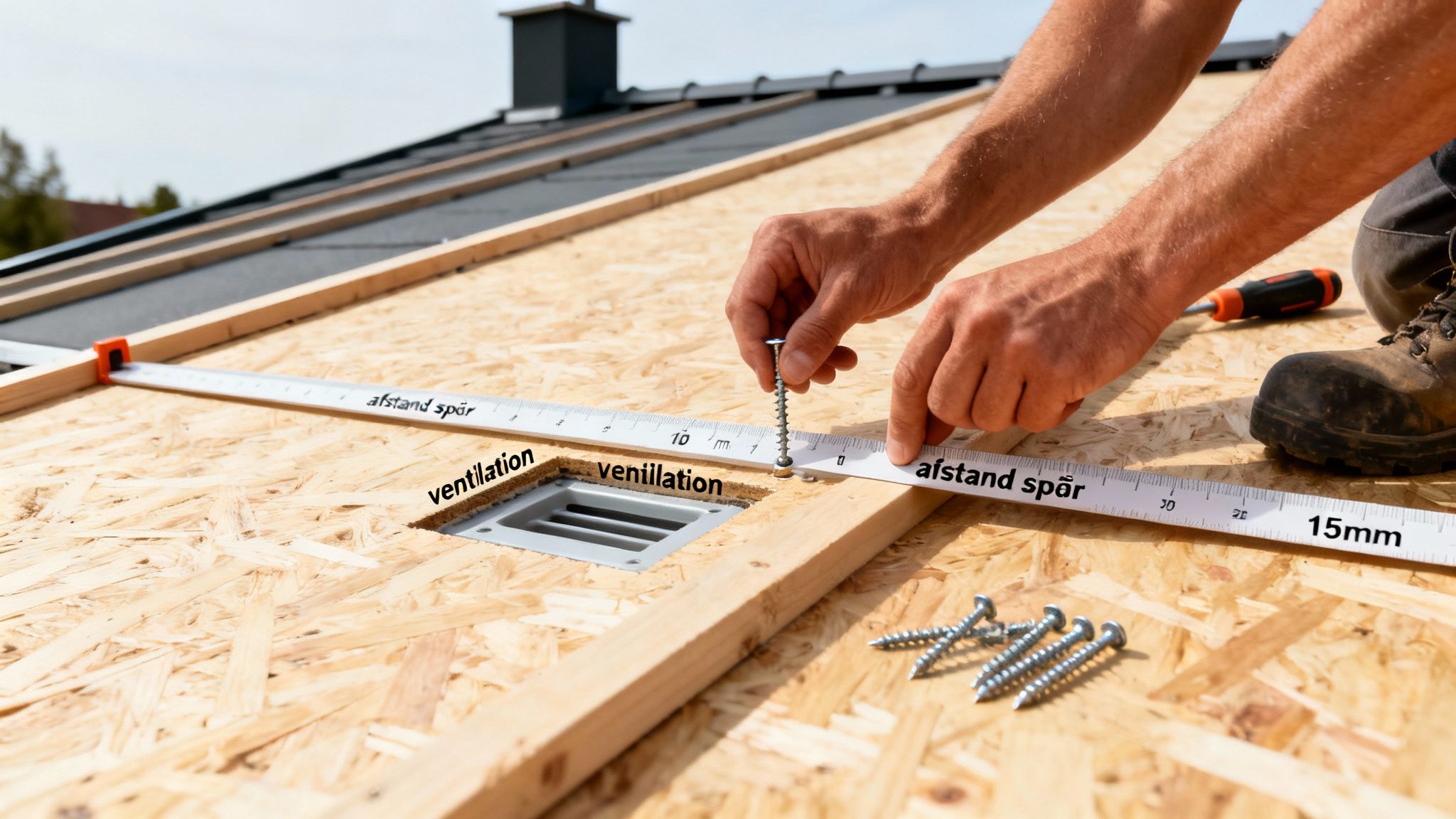 Håndværker monterer tagkrydsfiner på et tag med ventilation, målebånd og skruer.