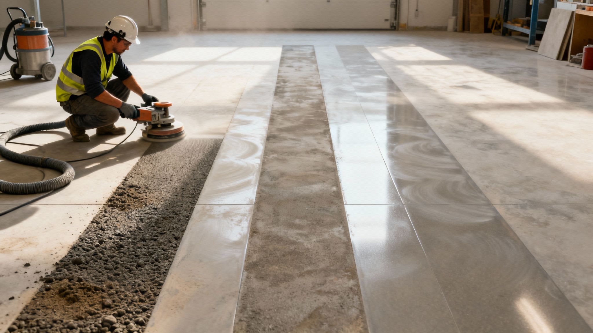 Mand i sikkerhedsudstyr sliber et betongulv med en maskine, der skaber en glat overflade i et industrirum.