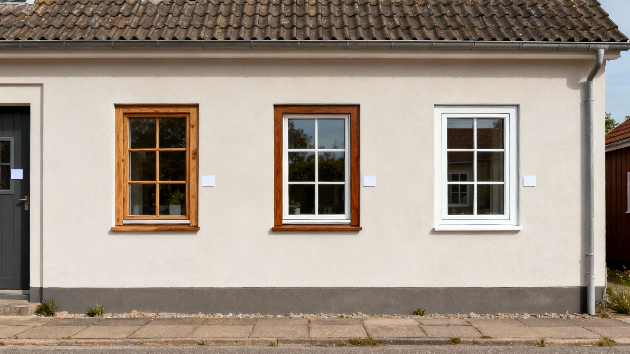 Facade af et hus med tre vinduer i forskellige stilarter, en dør og et tegltag.
