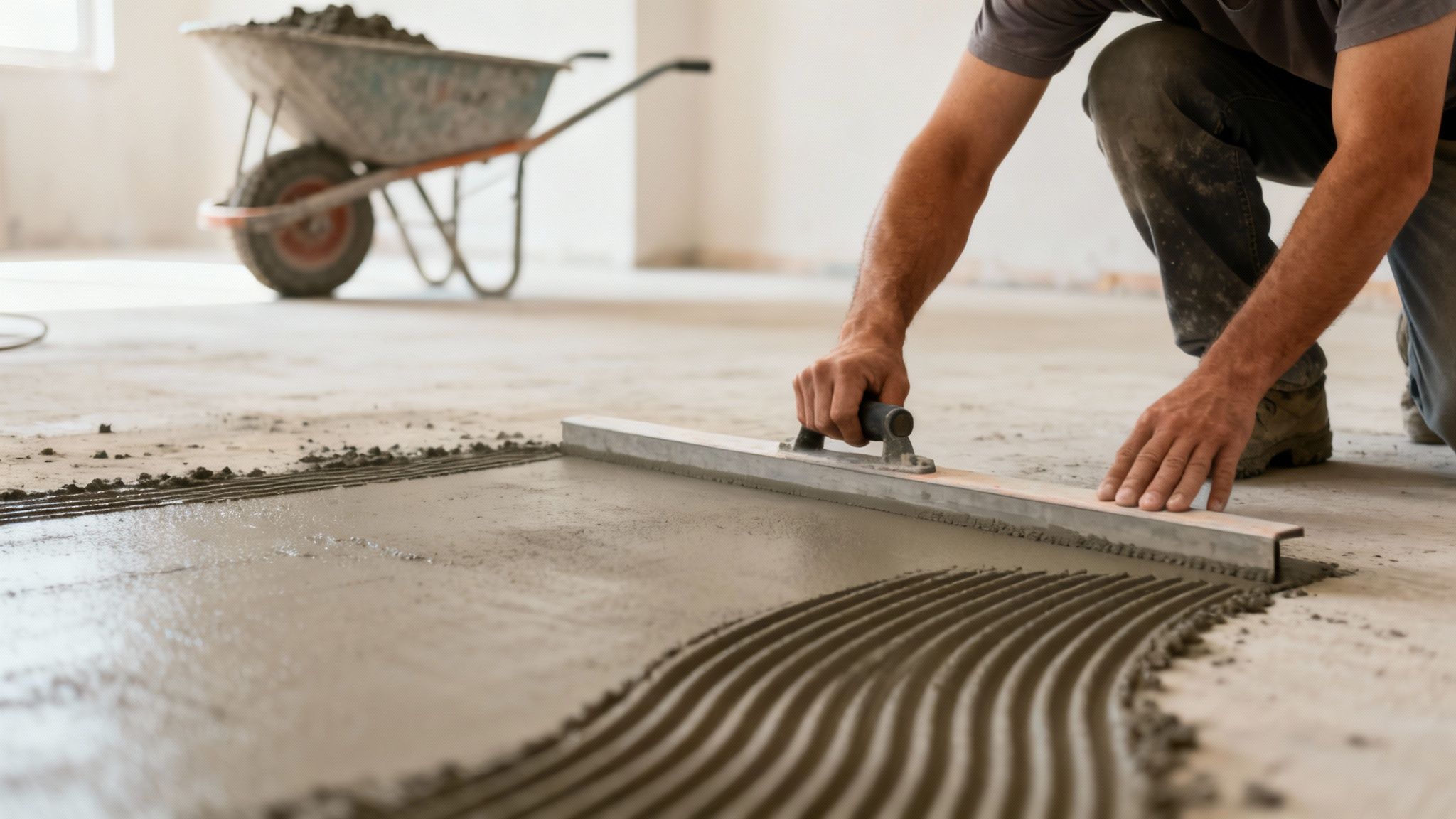 Bygningsarbejder lægger cementgulv med en spartel i et ufuldendt rum, med en trillebør i baggrunden.
