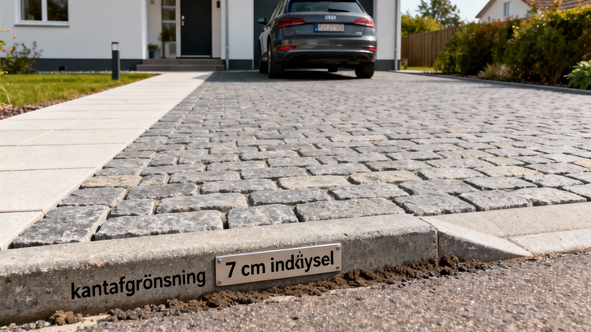 Flot indkørsel med herregårdssten, kantsten og sti foran et moderne hus med bil. Kantstenen er 7 cm forsænket.