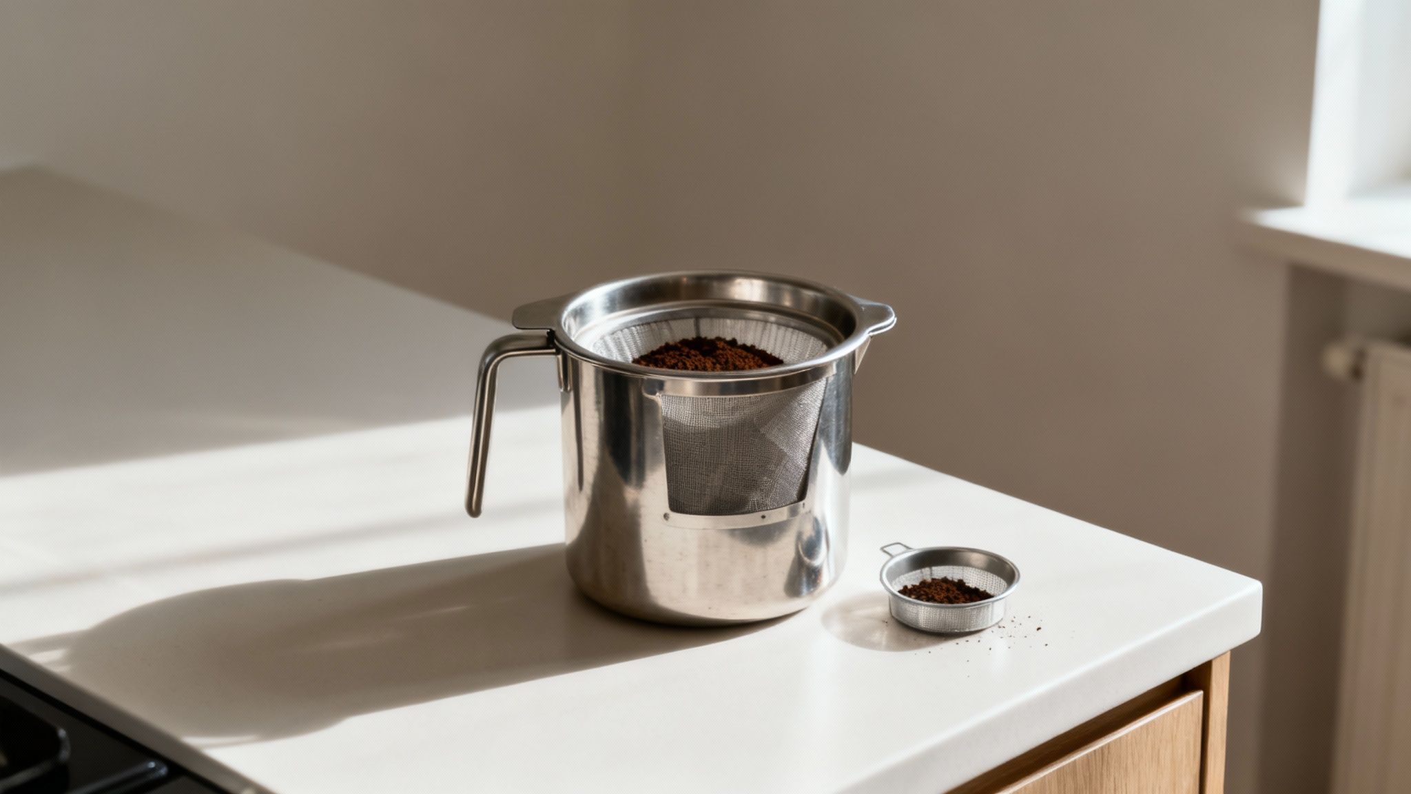 En hånd tørrer fedt af en stegepande med et stykke køkkenrulle for at undgå at hælde det i vasken.