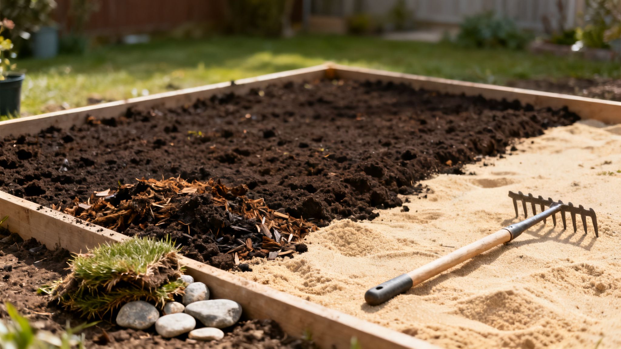 Et hævet bed opdelt med mørk jord og lys sand, en rive og grønne græstuer.