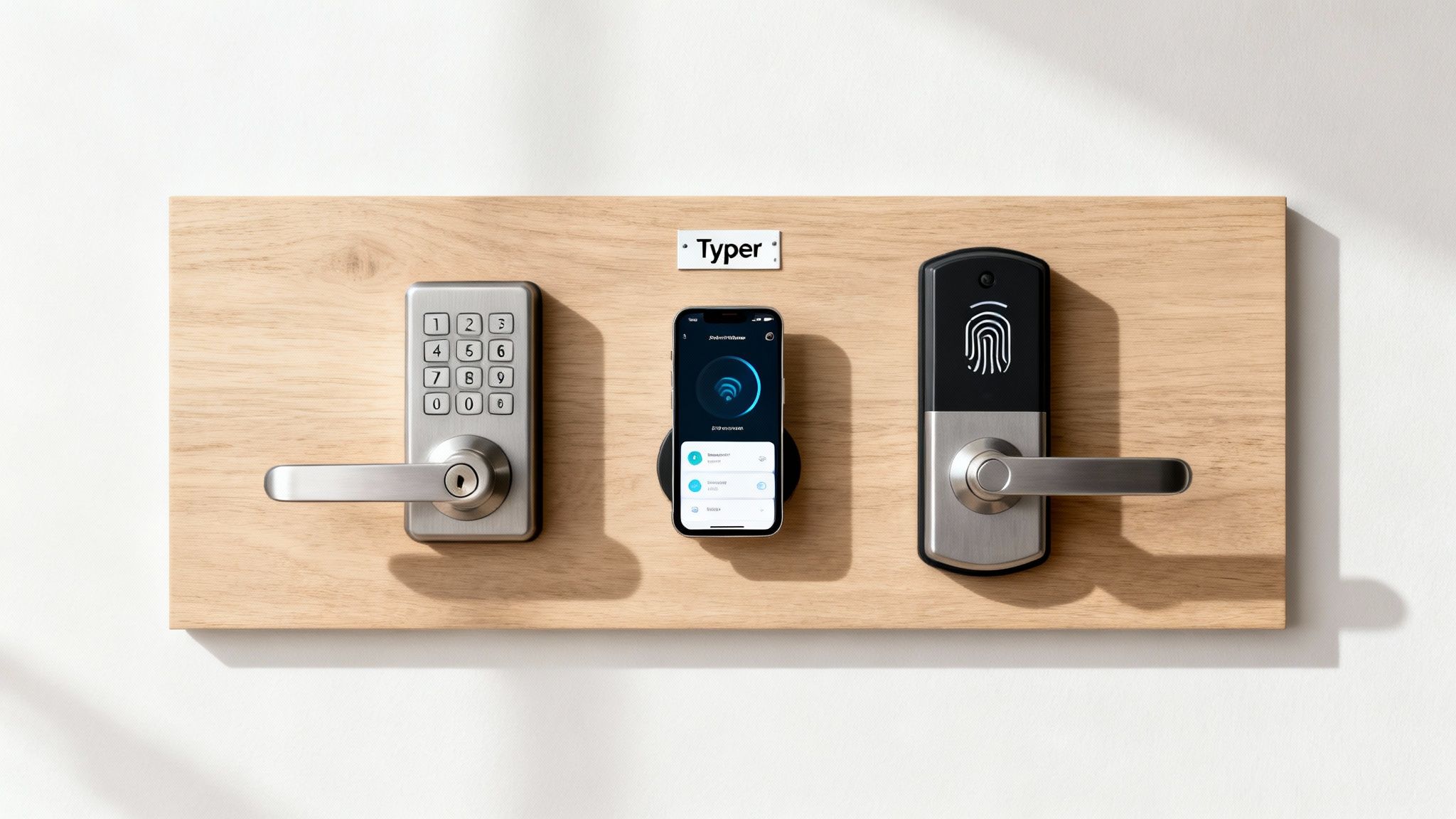 Billede af Typer smartlåse med tastatur og fingeraftryksscanner, styret via mobilapp på en træbaggrund.