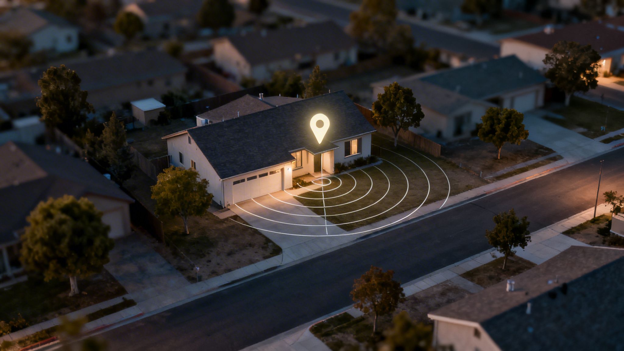 Luftfoto af et smart hjem med et lysende lokationsikon og signaler, der udstråler fra forsiden.