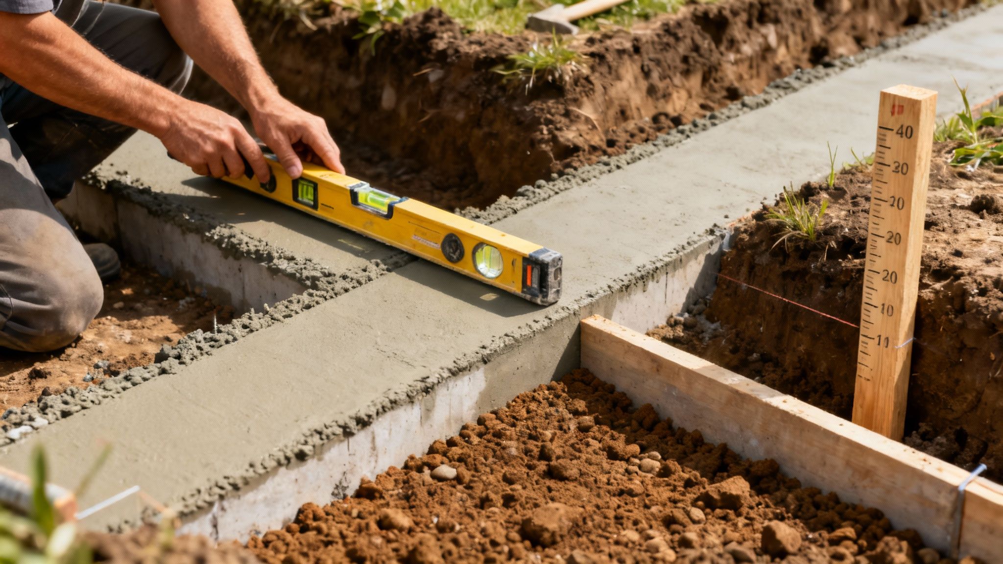 Håndværker bruger vaterpas til at sikre korrekt placering af sten i højbed konstruktion