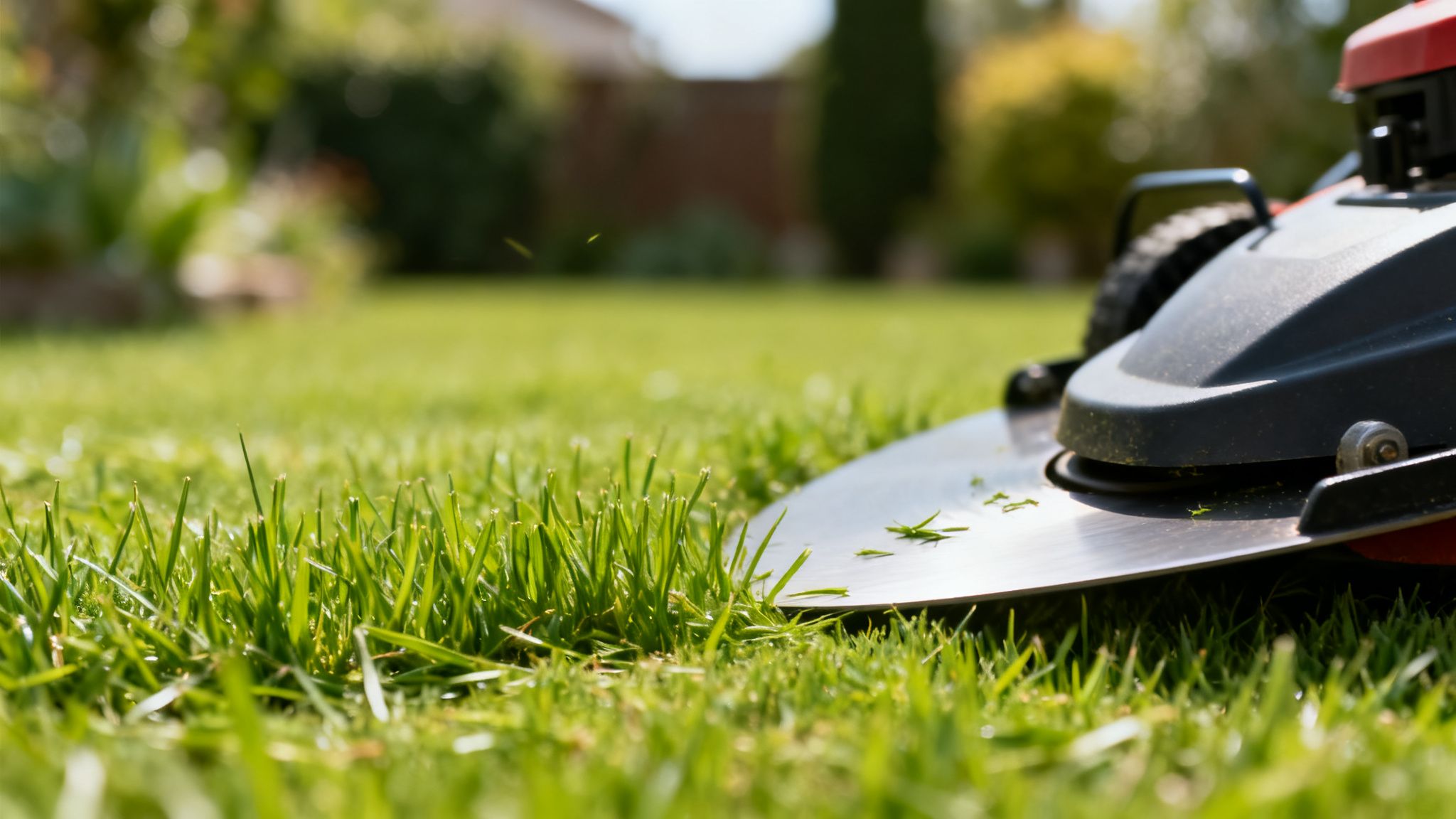En græsslåmaskine klipper friskt grønt græs i en solrig have, set fra lav vinkel.