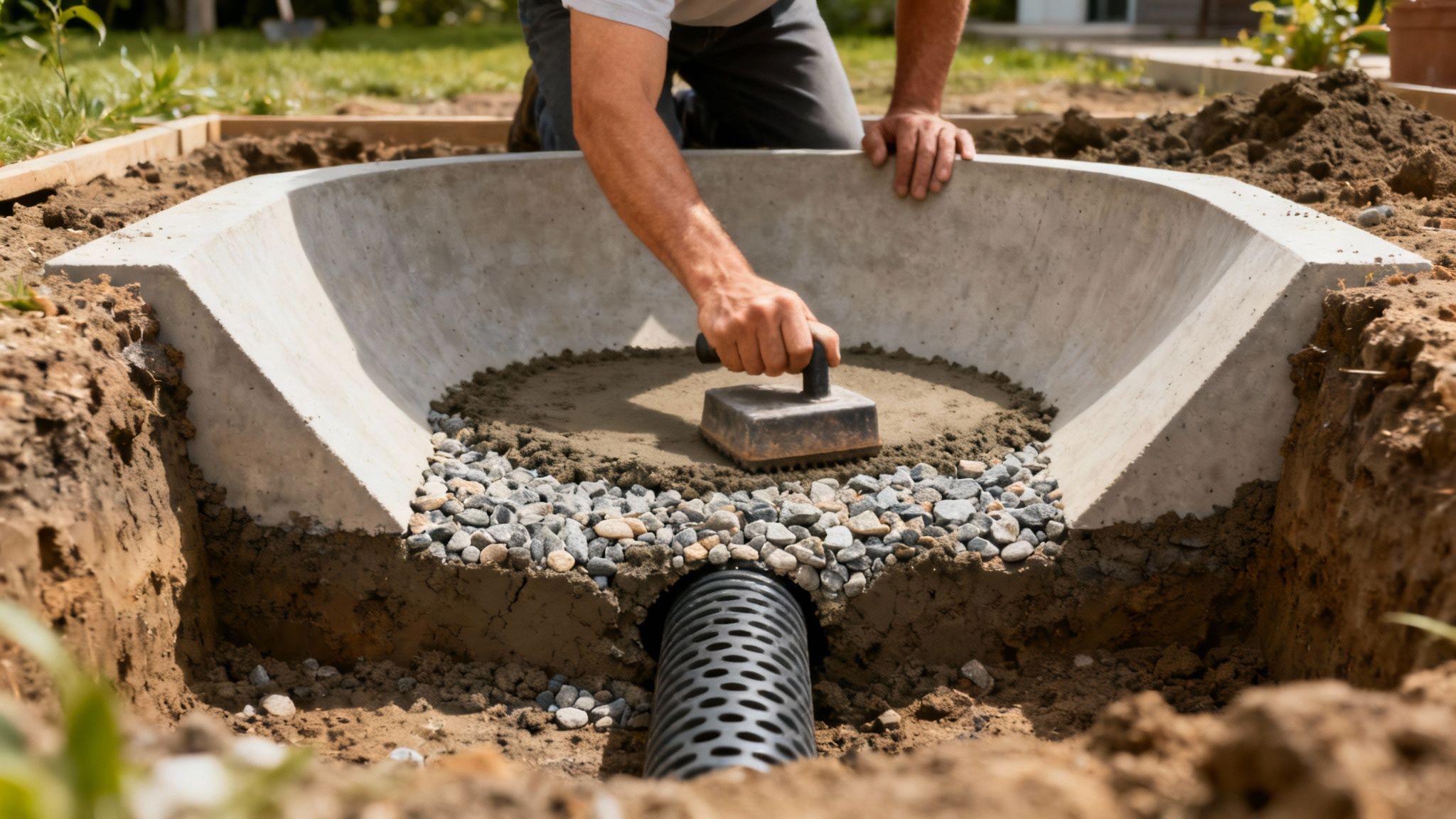 En person i færd med at grave et hul i haven til en trampolin