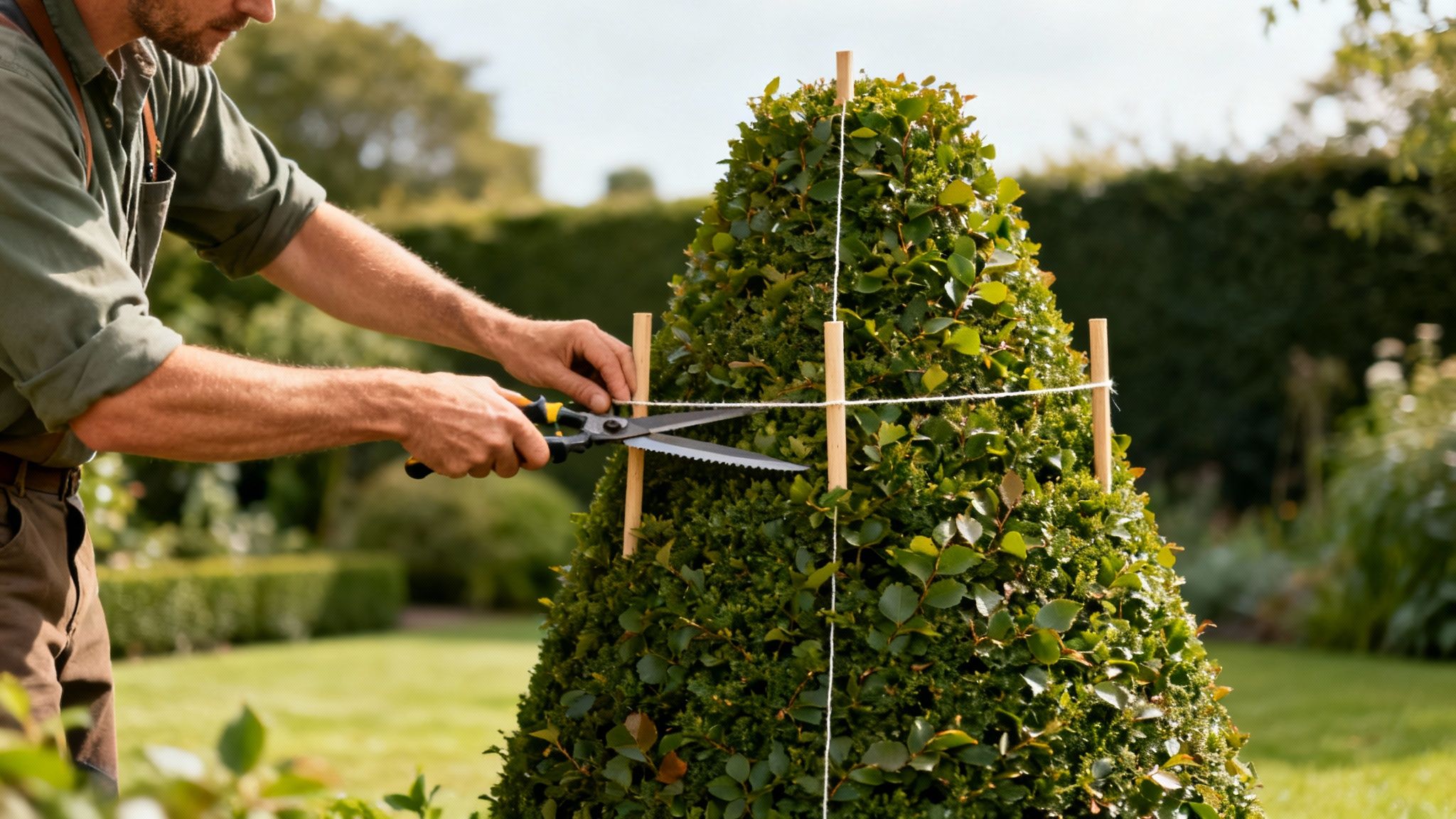 Mand beskærer en hæk i haven med hæksaks og en snor til præcis formning.